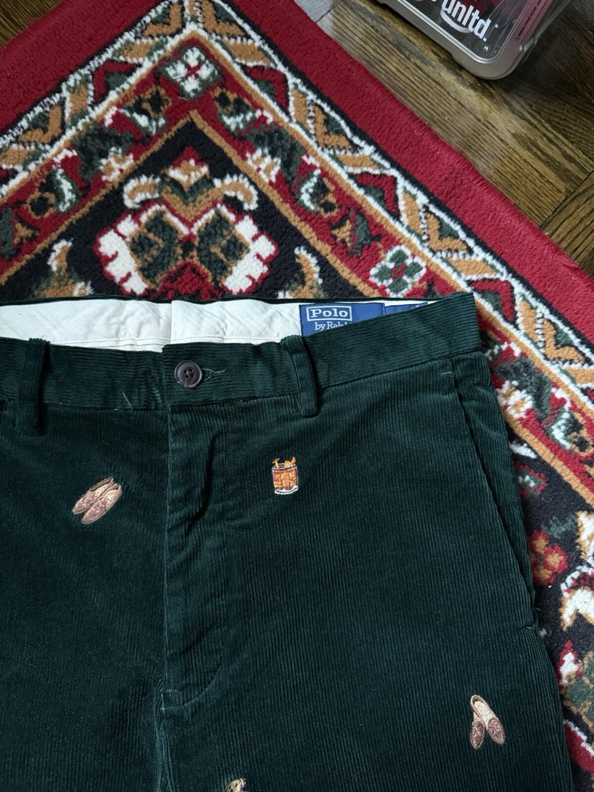 Polo Ralph Lauren Bear Slim Green Corduroy Embroidered Pants Size 30/30
