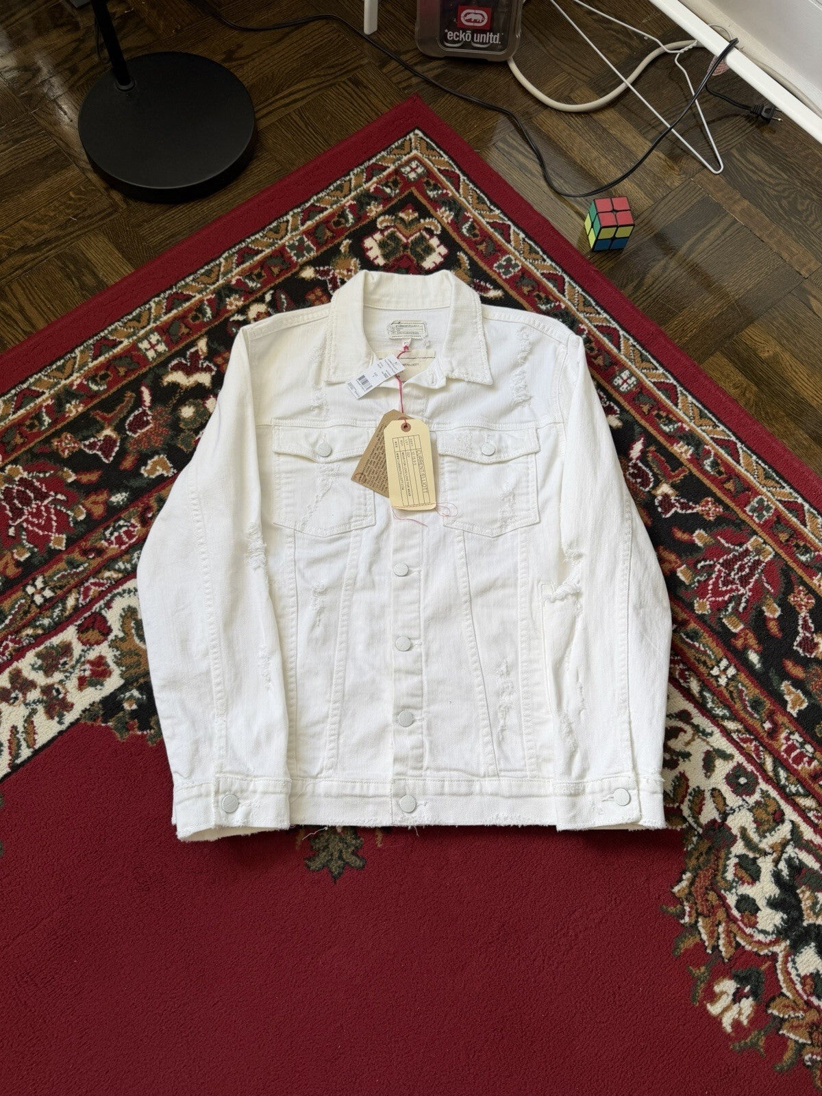 CURRENT / ELLIOTT Distressed Cotton Trucker Denim Jacket White Size 3