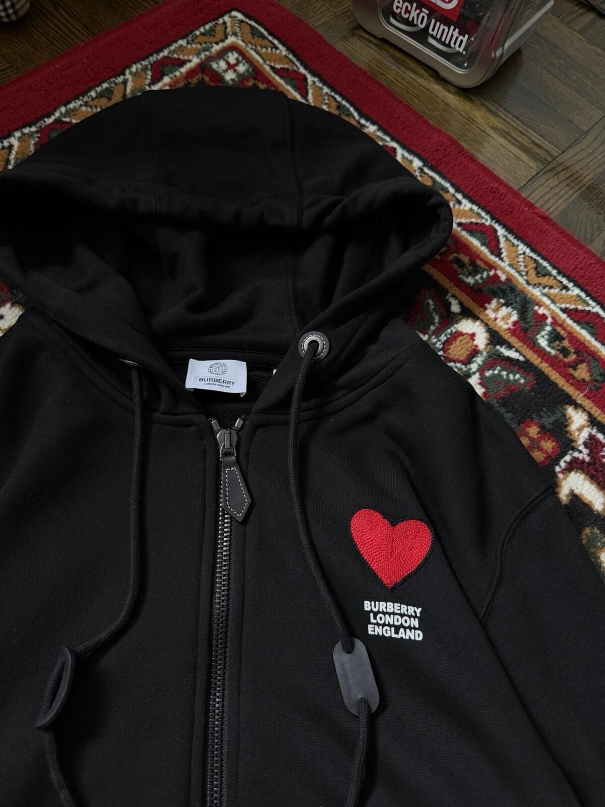 Burberry London Heart Black Full Zip Hoodie Cotton Logo Pockets Size M