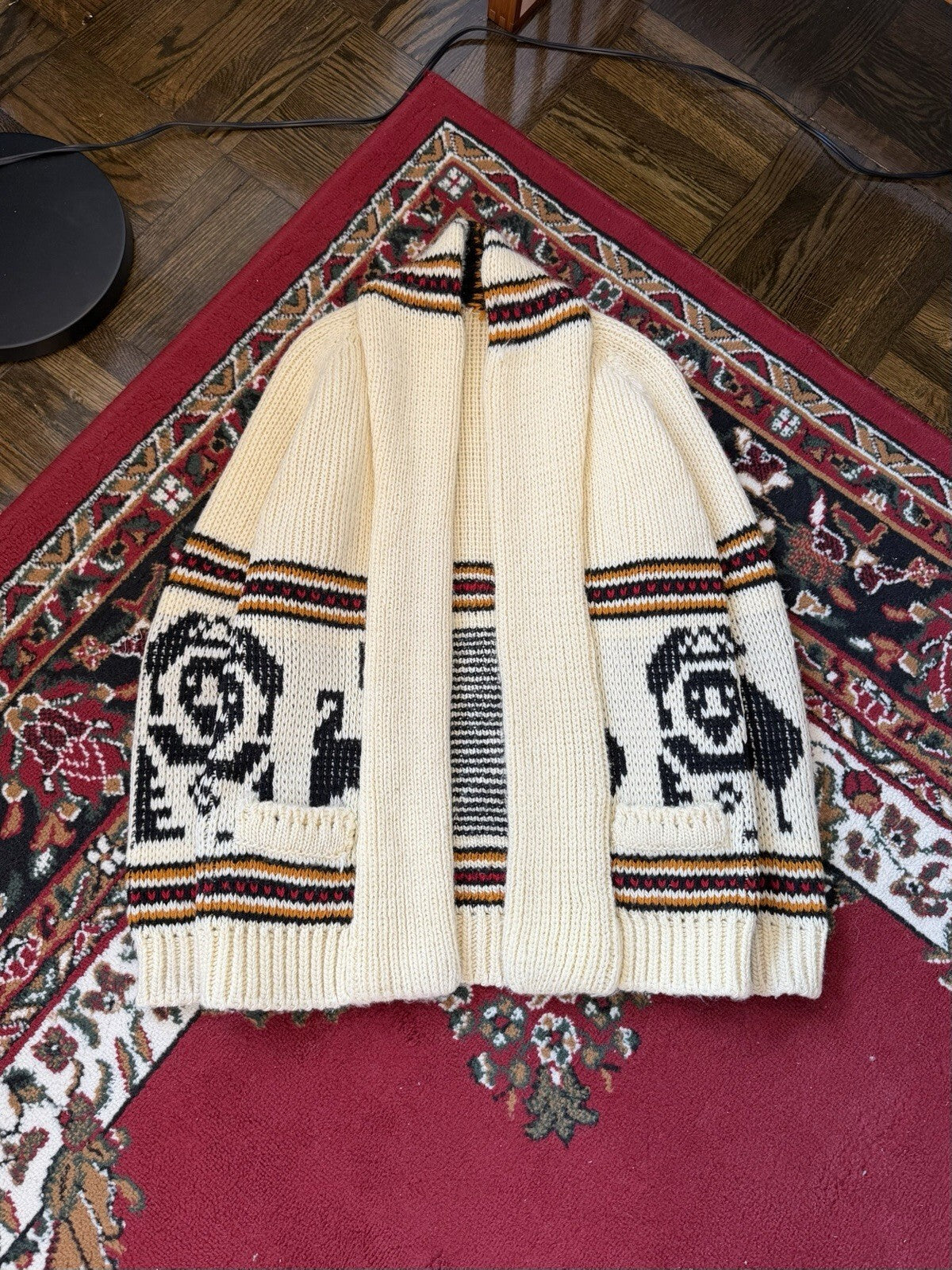 Vintage 70s Hand knit Cowichan Cardigan Lama Open Robe Style Sweater Sz S/M