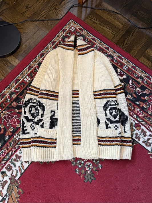 Vintage 70s Hand knit Cowichan Cardigan Lama Open Robe Style Sweater Sz S/M