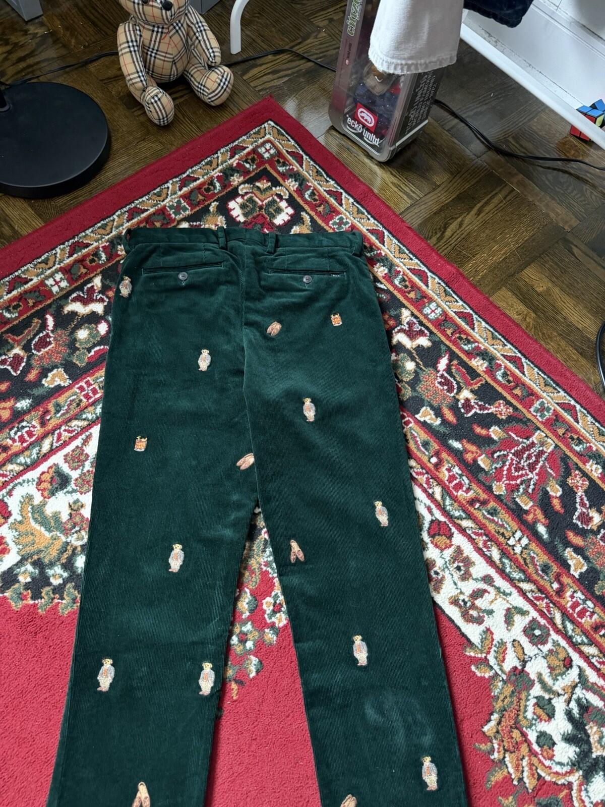 Polo Ralph Lauren Bear Slim Green Corduroy Embroidered Pants Size 30/30
