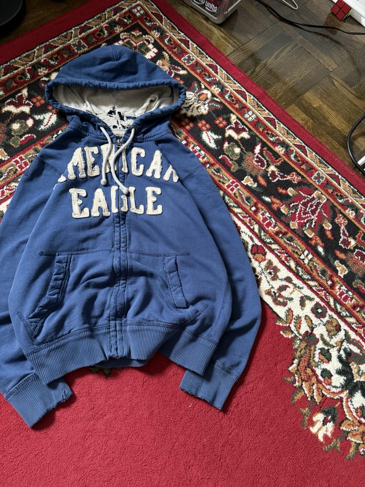 Vintage Y2K American Eagle Zip Hoodie Thermal Hood Distressed Mens Small Grunge