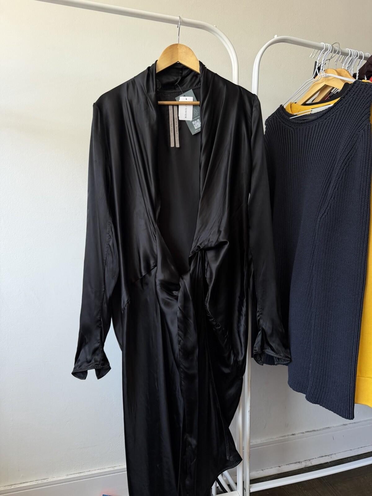 RICK OWENS FW22 Strobe Cupro Draped Wrap Maxi Dress Zip Long Sleeves 6US 42IT