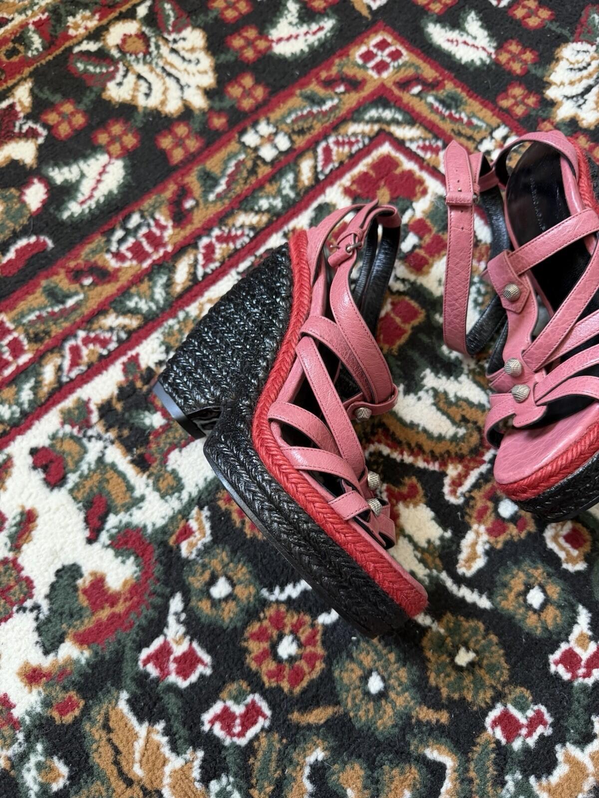 Balenciaga Pink Studded Leather Lacquered Raffia Wedge Platform Sandals Sz.36