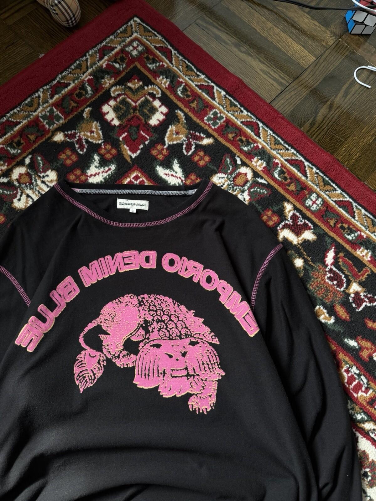 Y2K Emporio Armani Denim Blue Graphic Longsleeve Tee Black Pink Logo