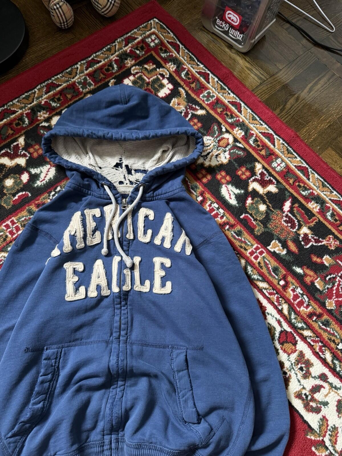 Vintage Y2K American Eagle Zip Hoodie Thermal Hood Distressed Mens Small Grunge