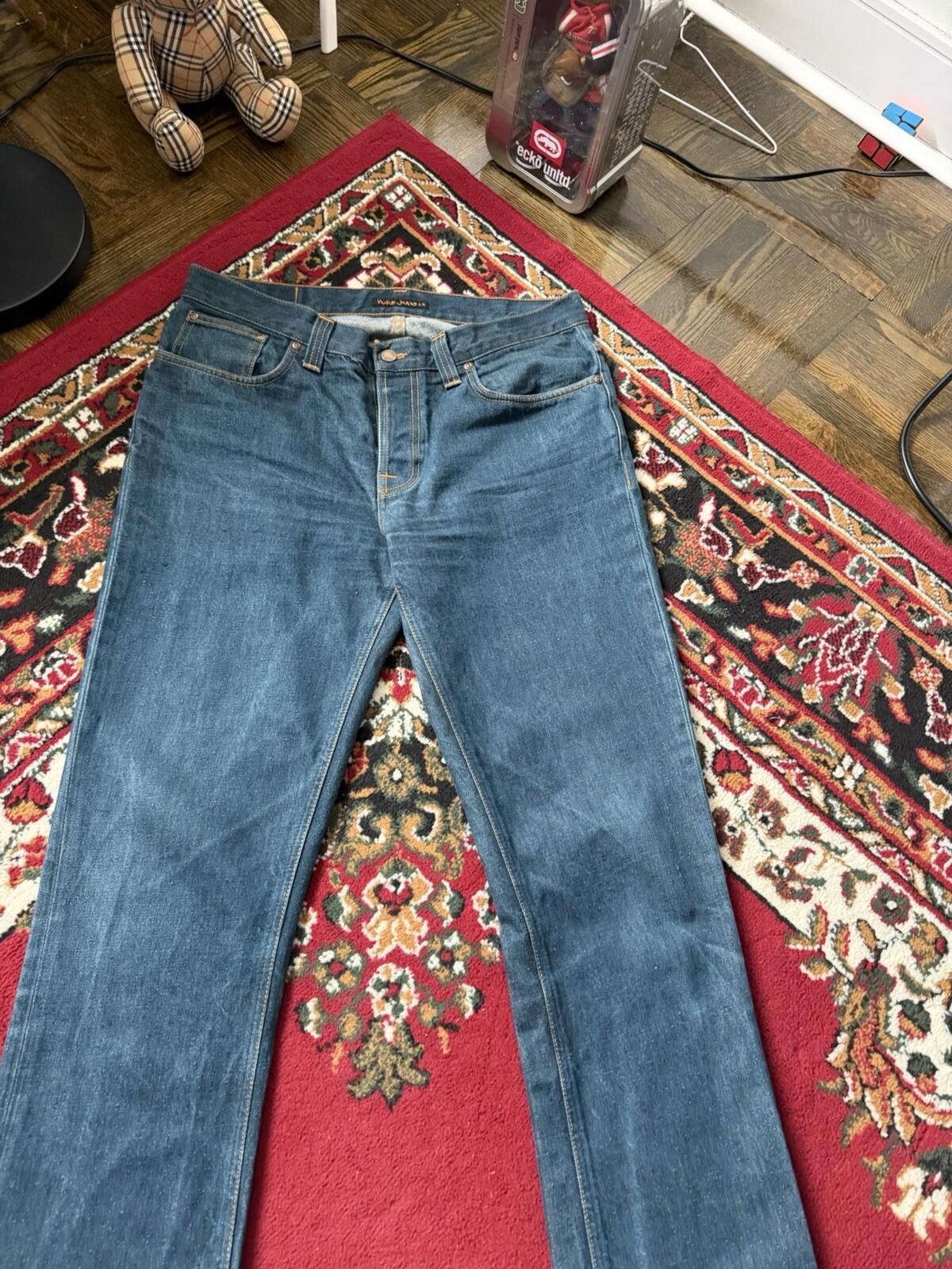 Nudie Grim Tim Organic Dry Greencast Button Fly 36 X 34 Jeans Vintage Blue