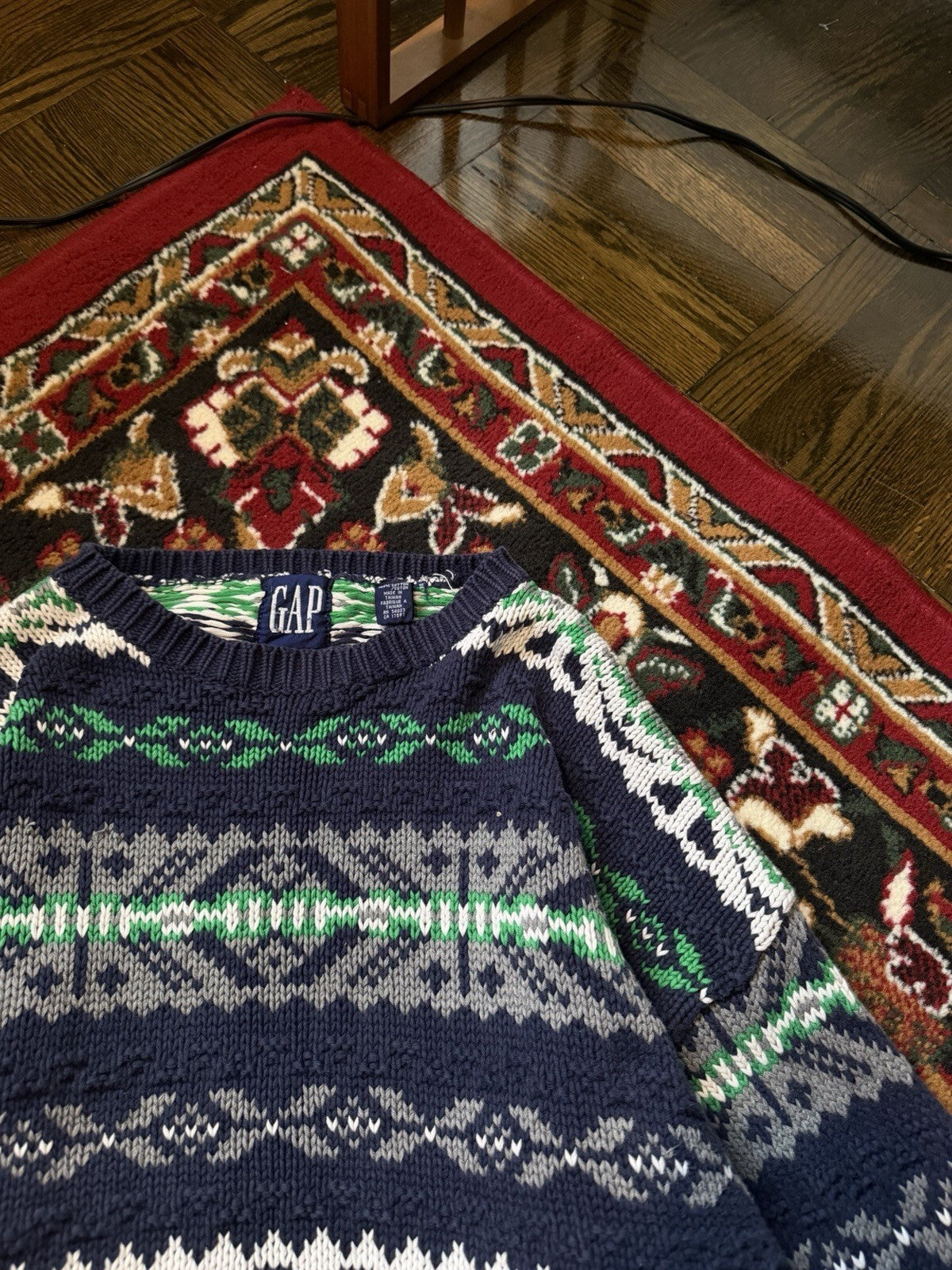 90s Gap Fair Isle Blue Grean Heavy Cotton Knit Sweater Size XL