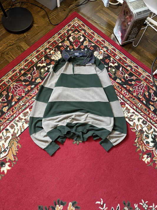 Vintage Polo Ralph Lauren Men Striped Rugby Polo Long Sleeve Green (Sz L)