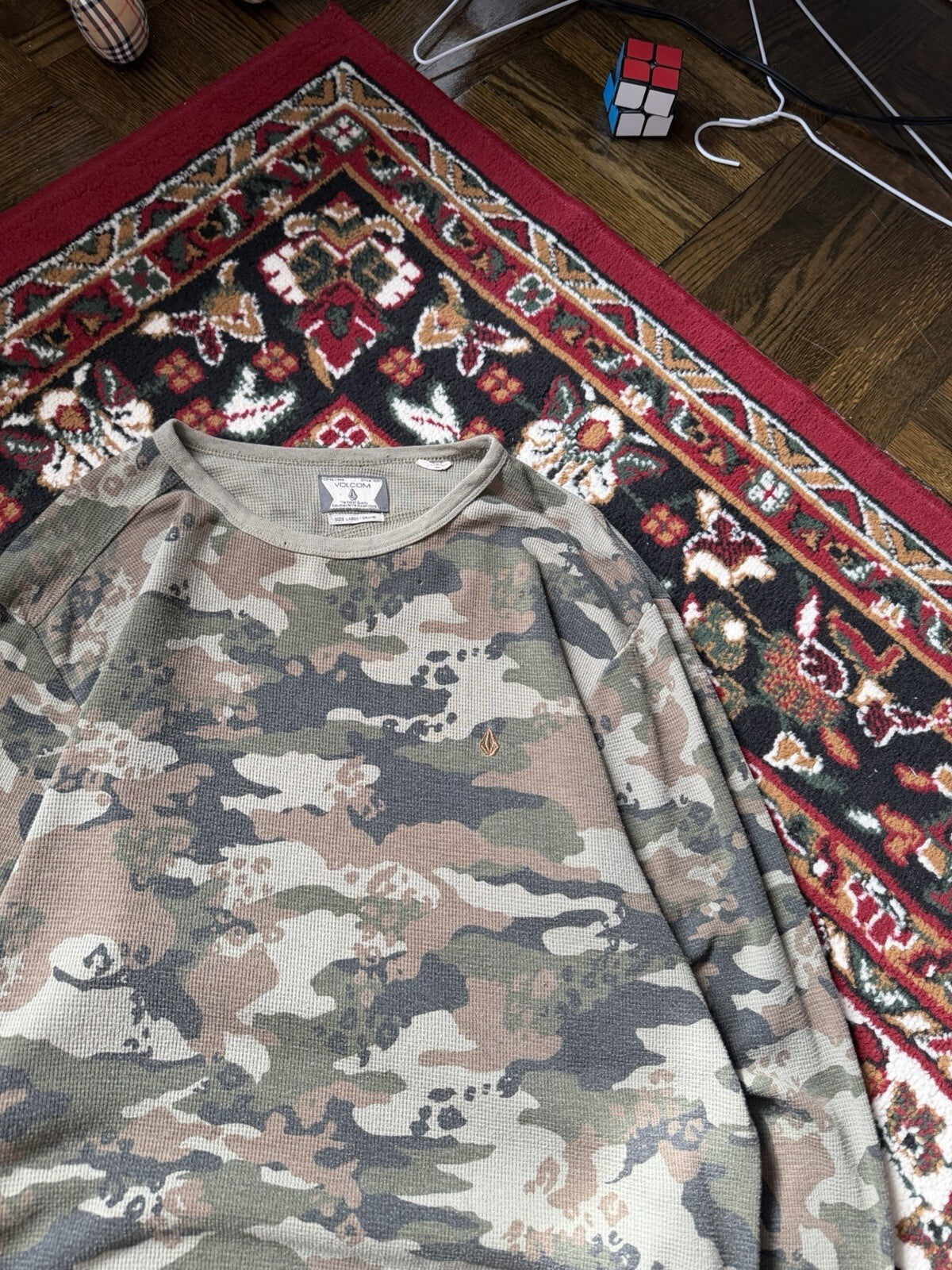 Y2K Volcom Stone Camo Thermal Waffle Knit Vintage Shirt Men L Sweater Skater