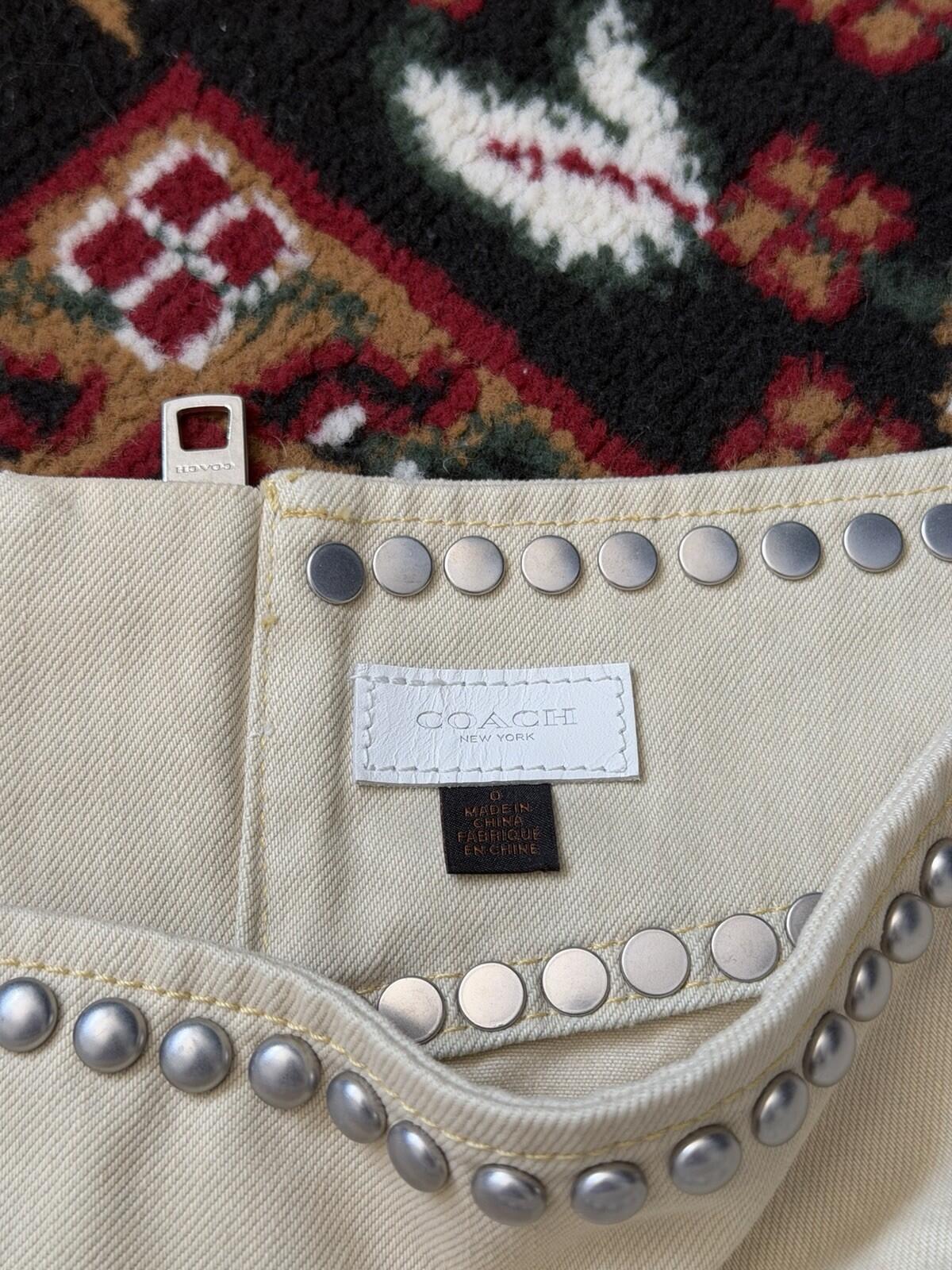 Coach Bleached Denim Mini Skirt Tan White Studded Rivets Pockets Size 0