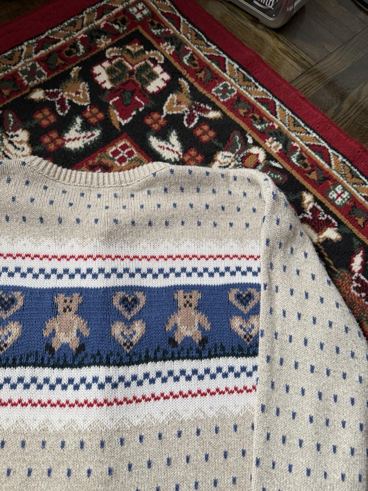 Vintage Cottage Cove Teddy Bear Knit Cardigan Sweater Size S Beige