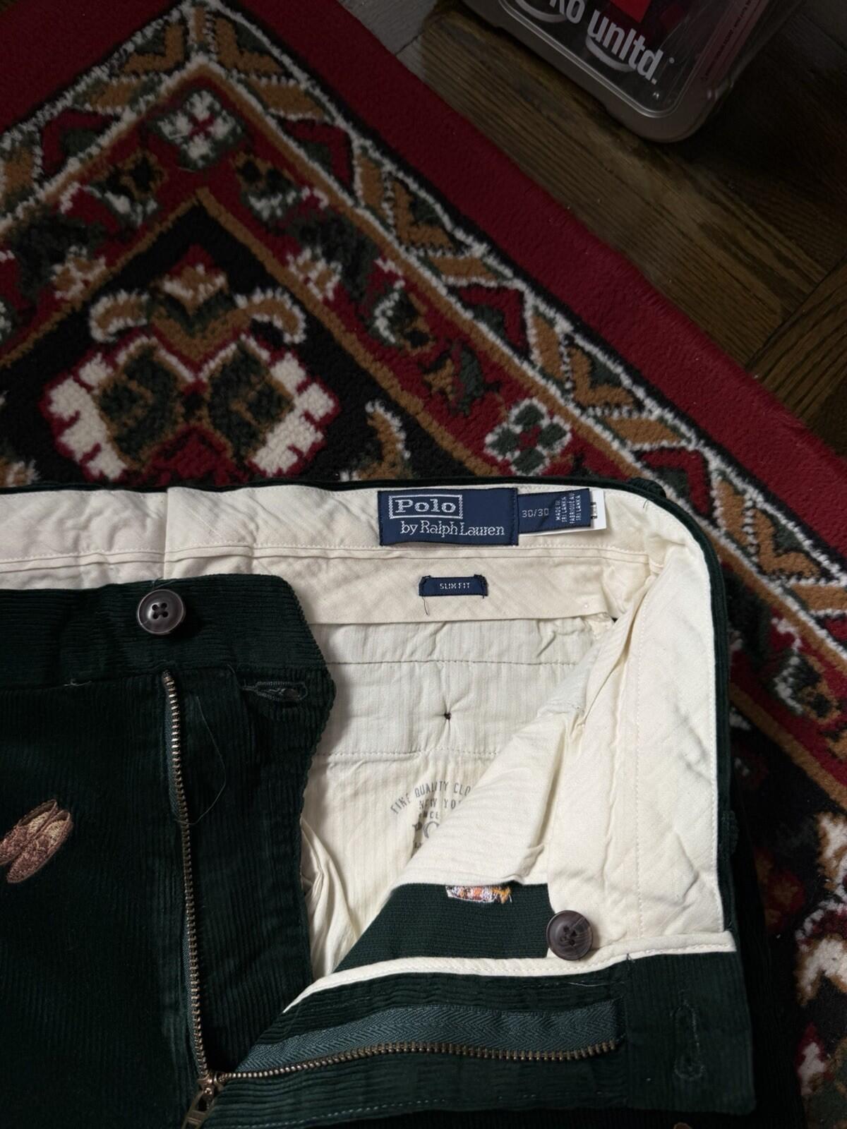 Polo Ralph Lauren Bear Slim Green Corduroy Embroidered Pants Size 30/30