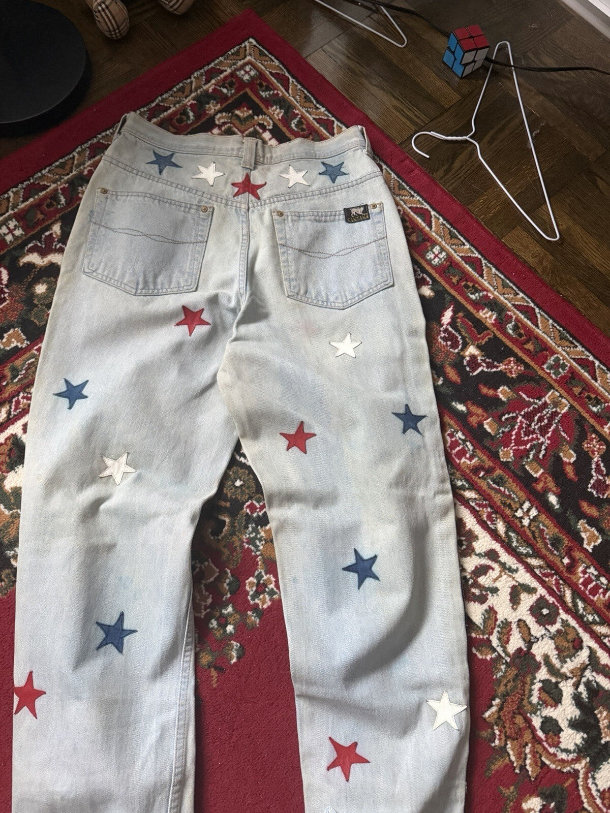 Vintage 90s Parasuco Distressed USA Flag Stars Jeans Light Wash Denim