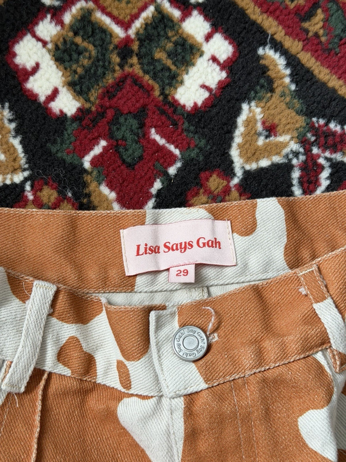 Lisa Says Gah Wide-Leg Jeans Cow Print Orange White 29
