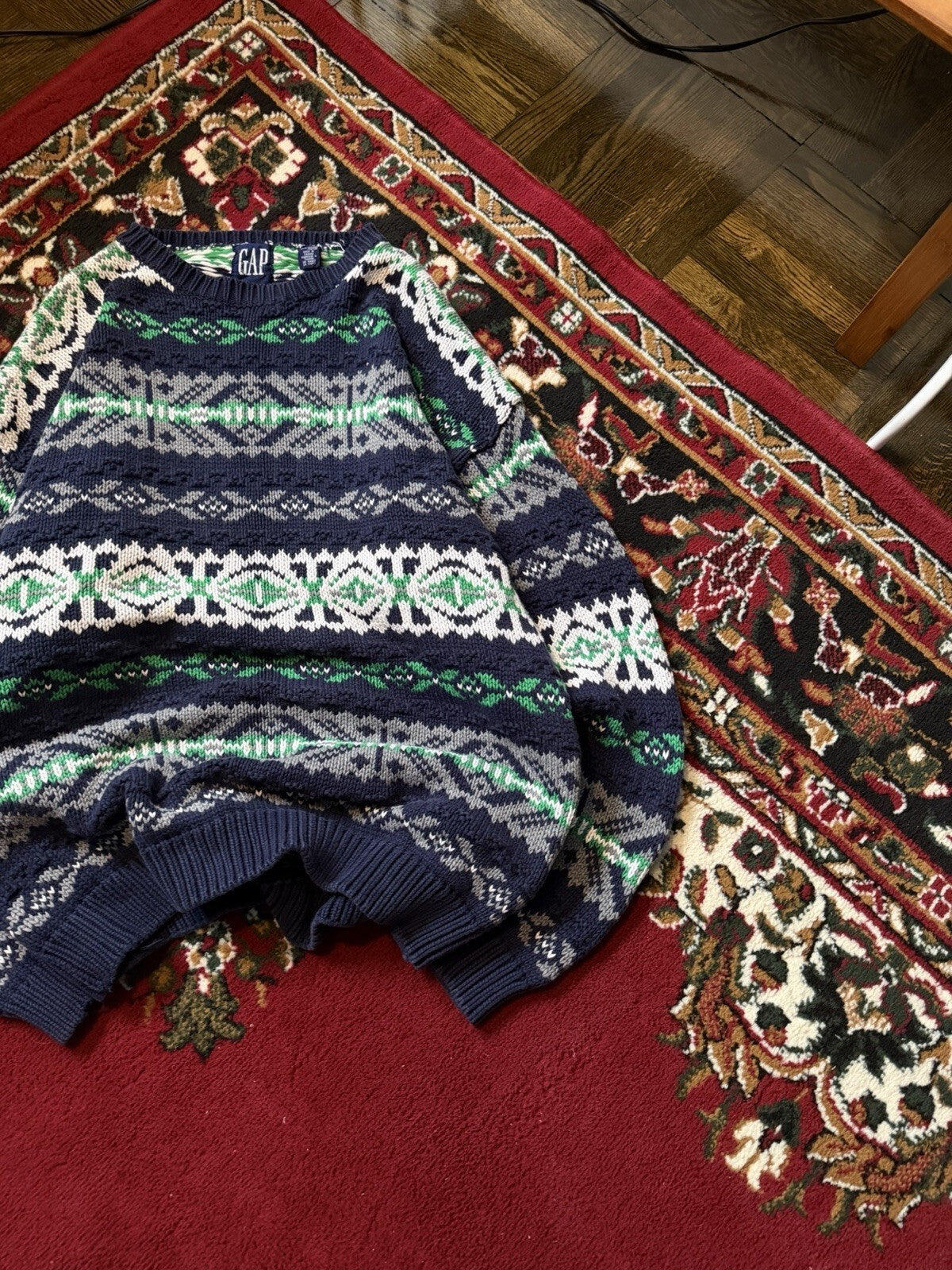 90s Gap Fair Isle Blue Grean Heavy Cotton Knit Sweater Size XL
