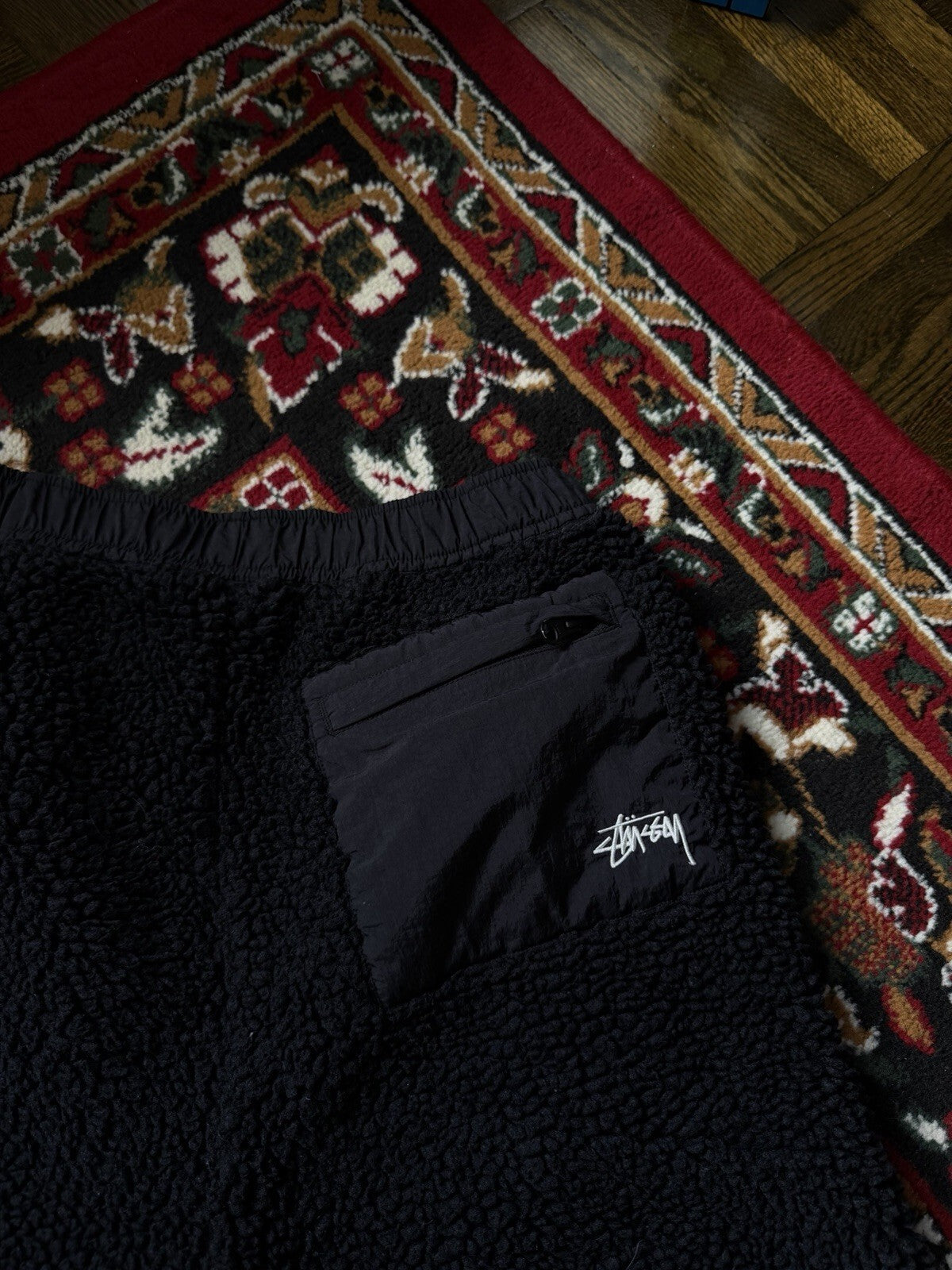 Stussy Sherpa Fleece Shorts Black Embroidered Logo Zipper Nylon Pocket