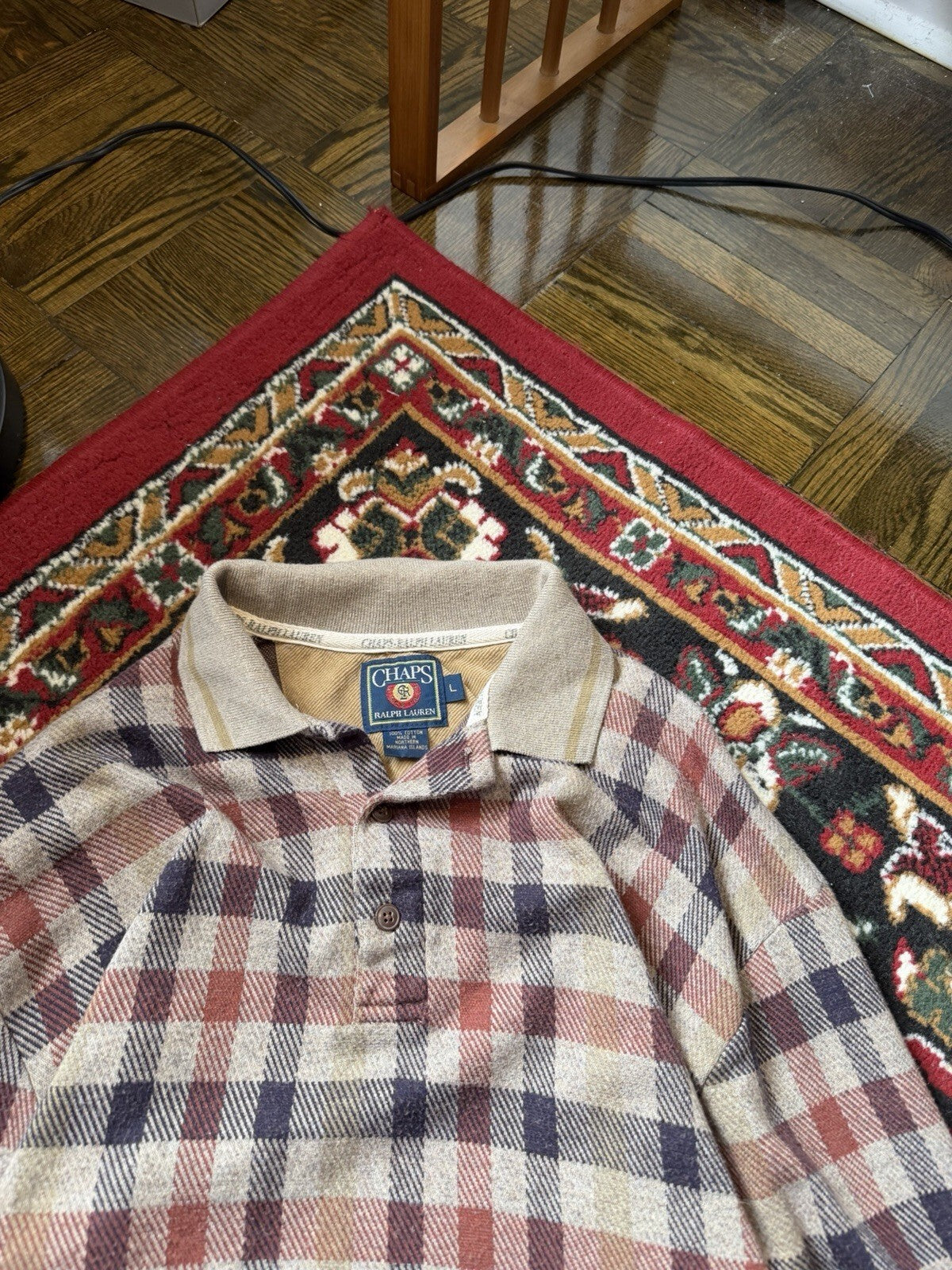 Vintage Chaps Ralph Lauren Plaid Rugby Polo Shirt Men Large Long Sleeve 90s