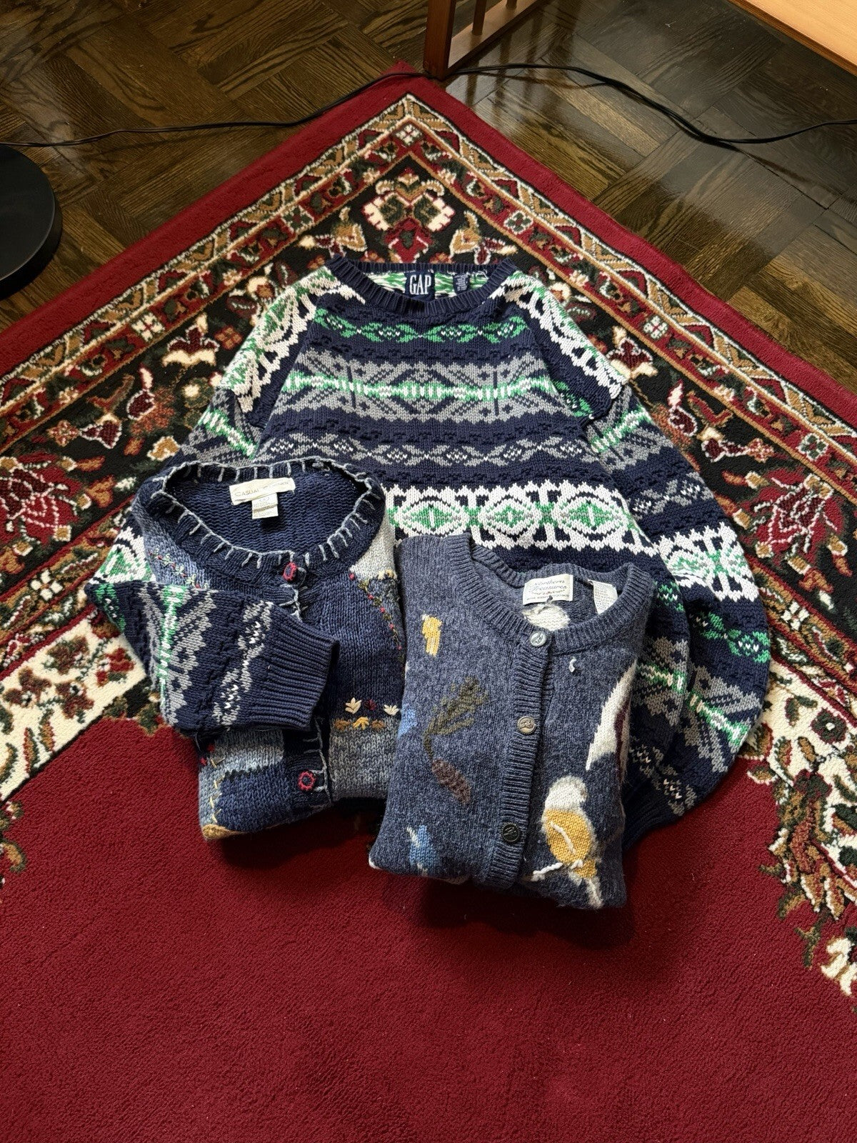 90s Gap Fair Isle Blue Grean Heavy Cotton Knit Sweater Size XL