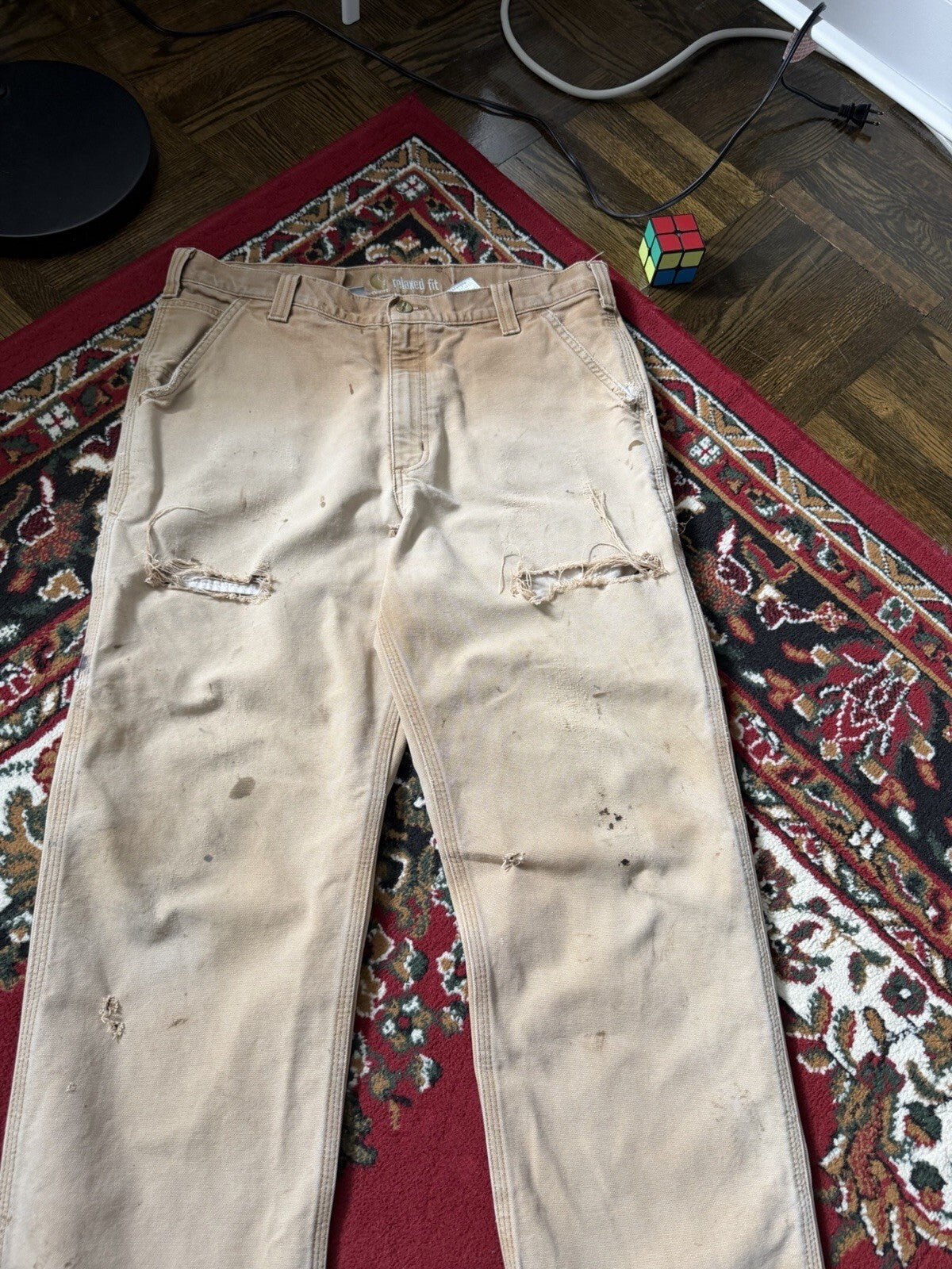 Carhartt Relaxed Fit Single Knee Pants Beige Thrashed Faded Size 36/36 Y2K