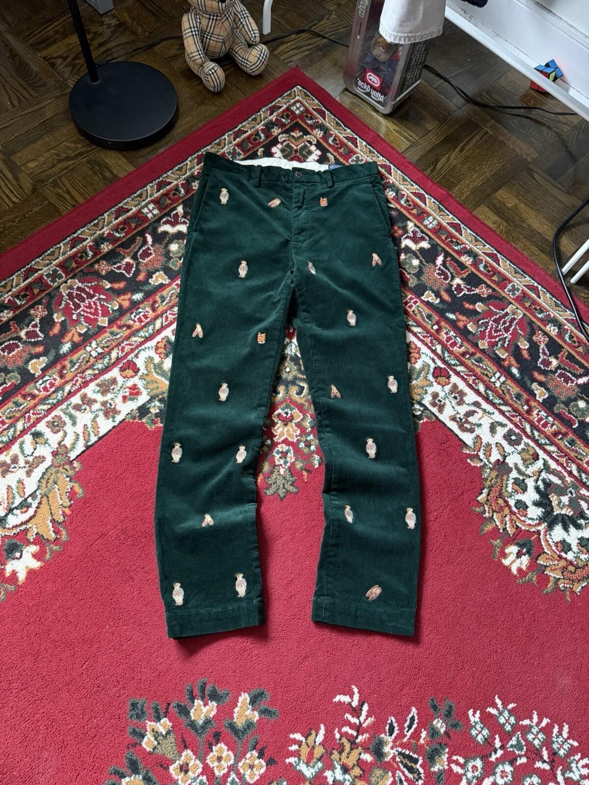 Polo Ralph Lauren Bear Slim Green Corduroy Embroidered Pants Size 30/30