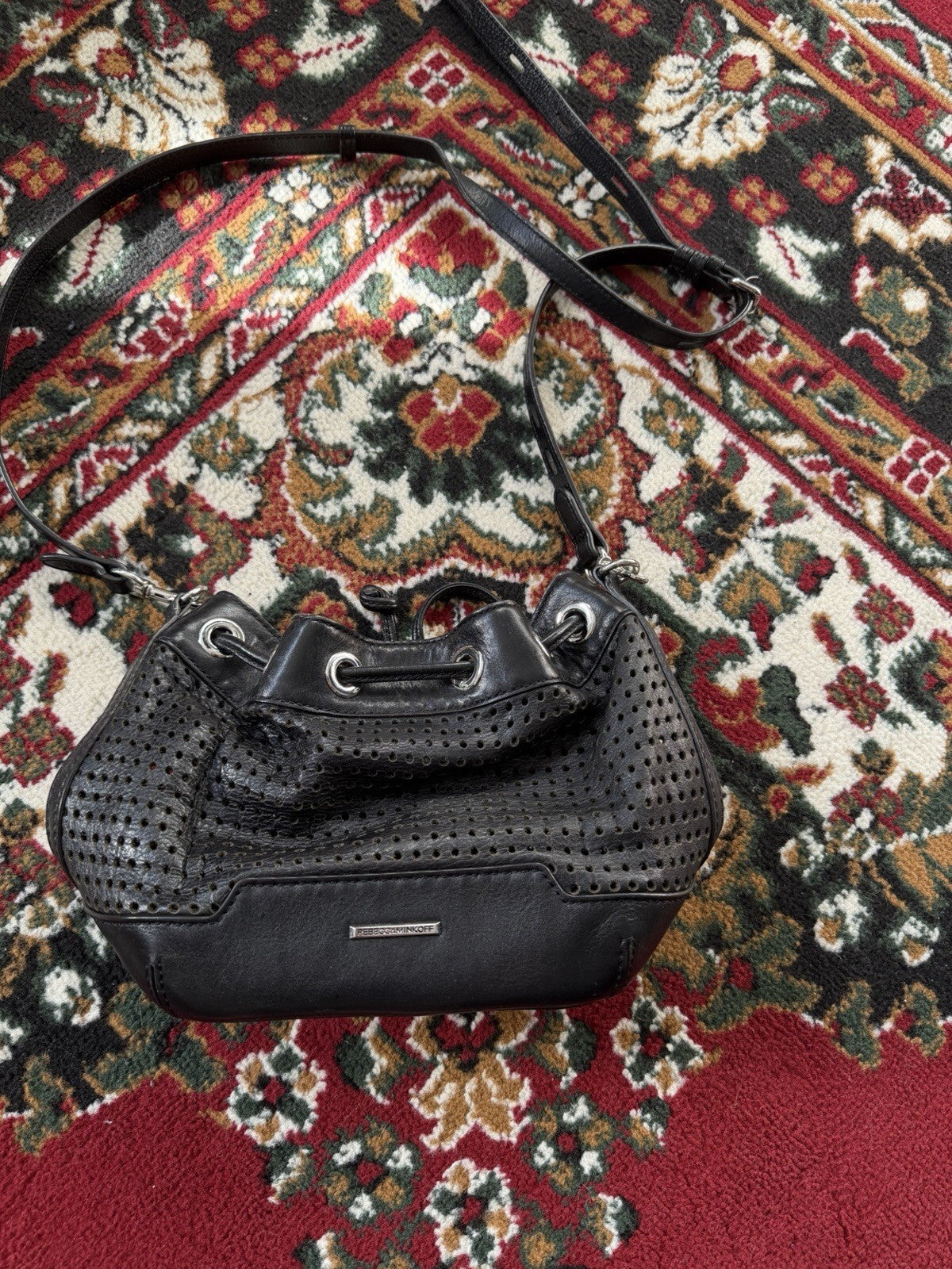 Rebecca Minkoff Perforated Leather Drawstring Bucket Bag Black Crossbody Shoulde