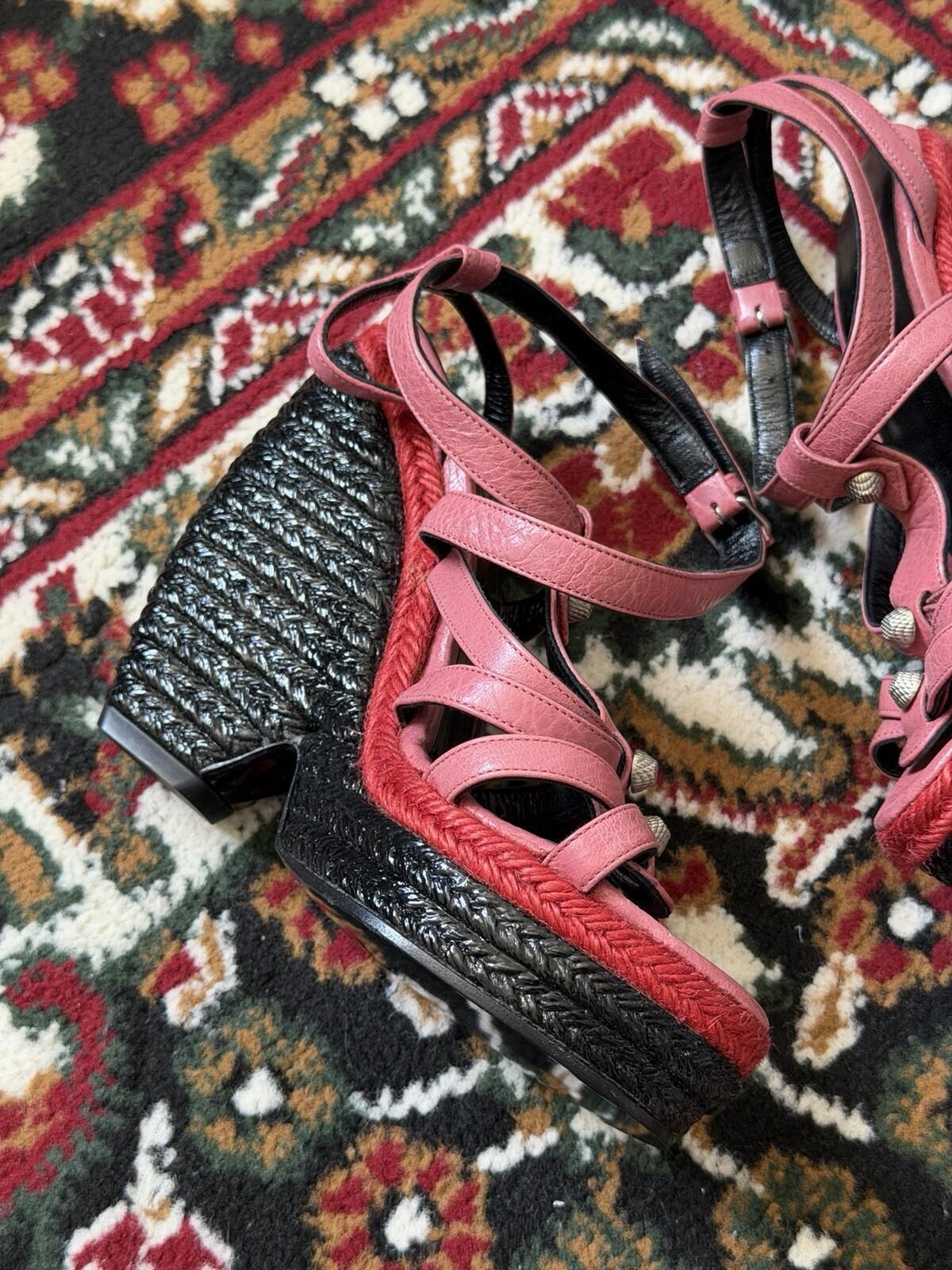 Balenciaga Pink Studded Leather Lacquered Raffia Wedge Platform Sandals Sz.36