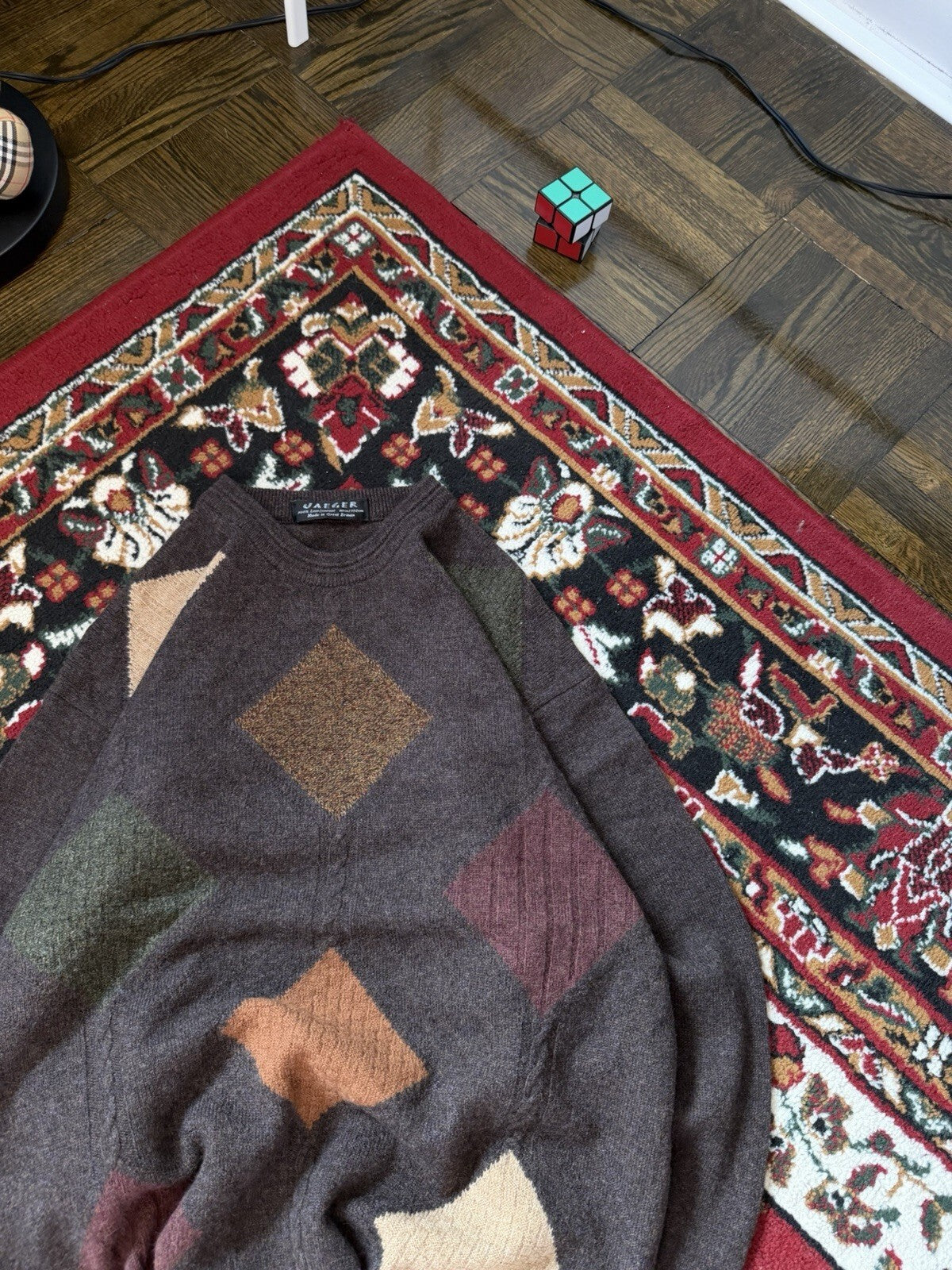 Jaeger Men’s Sweater Geometric Colorblock 100% Lambswool Made in Great Britain