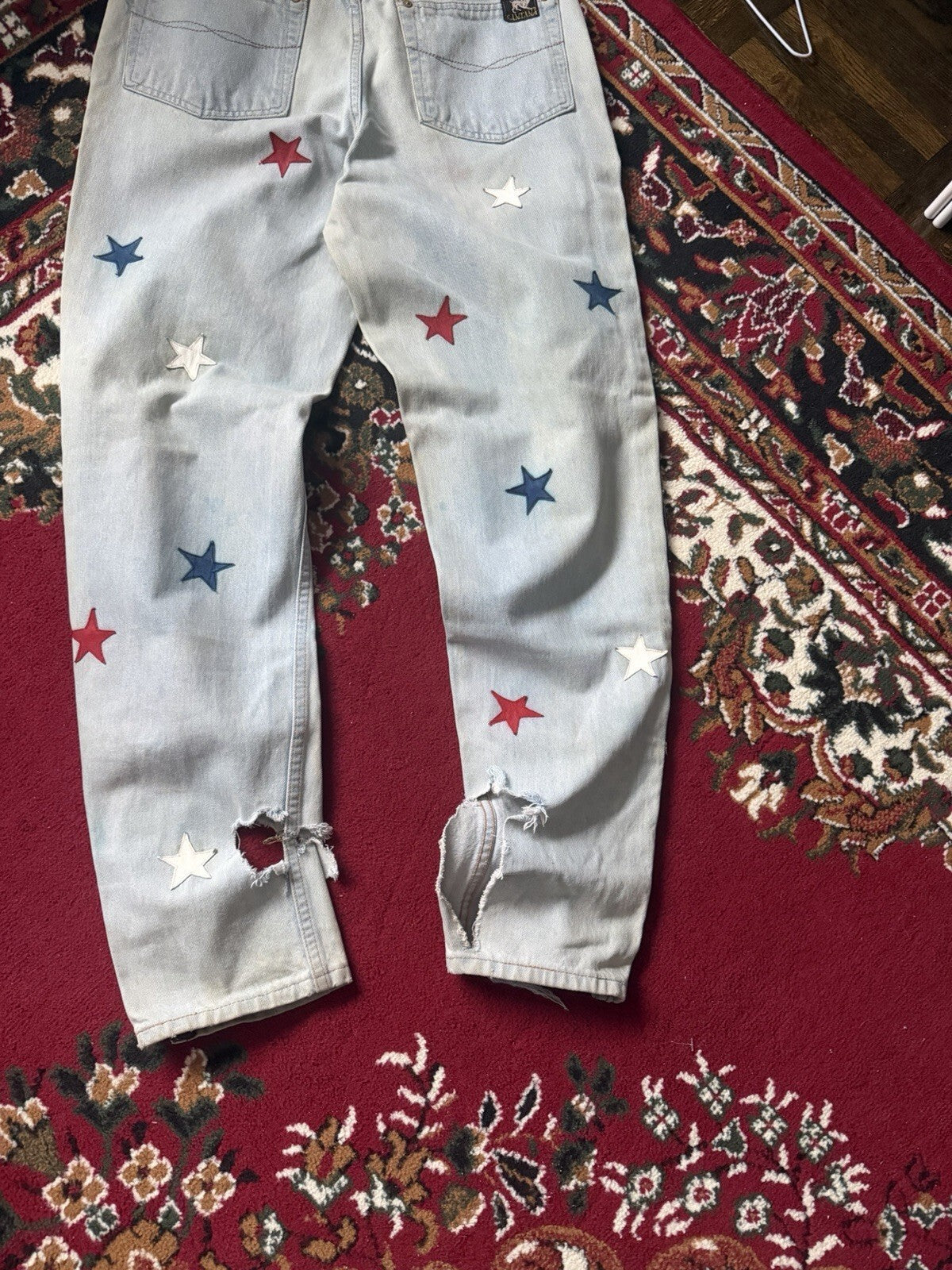 Vintage 90s Parasuco Distressed USA Flag Stars Jeans Light Wash Denim