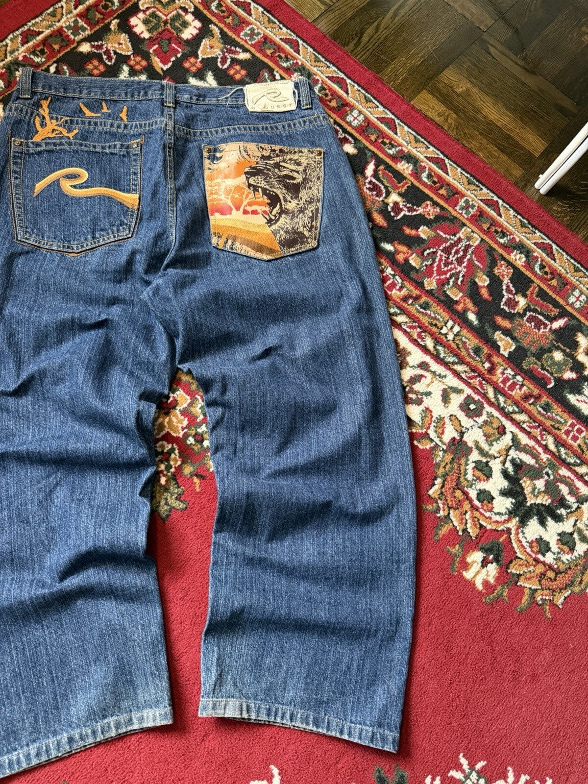 Vintage Request Lion Print Jeans Men 38/32 Blue Denim Embroidered Y2K 90s Skater