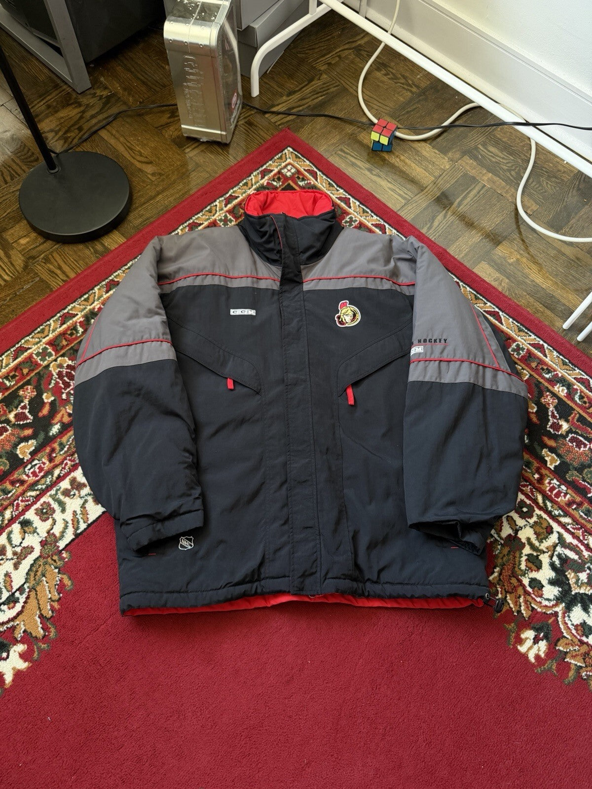 Vintage CCM NHL Ottawa Senators Jacket Mens XL Hockey Black Gray Parka