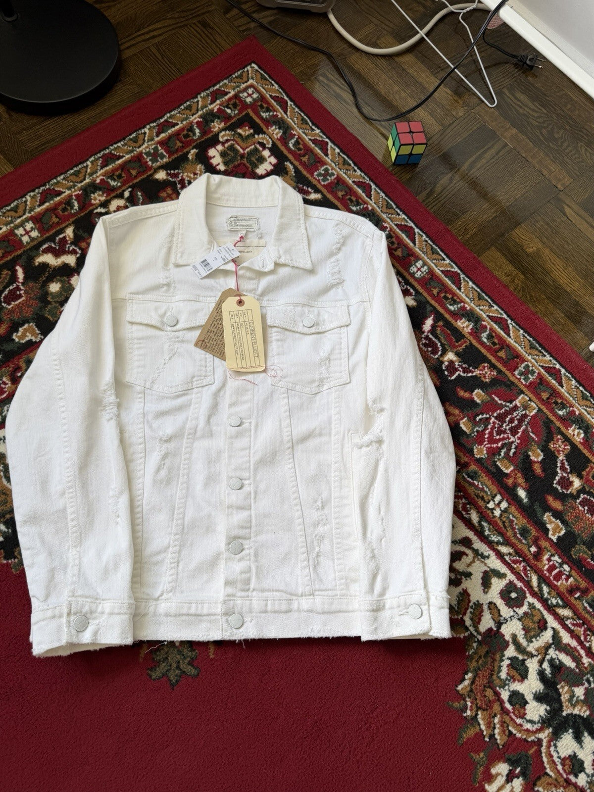 CURRENT / ELLIOTT Distressed Cotton Trucker Denim Jacket White Size 3