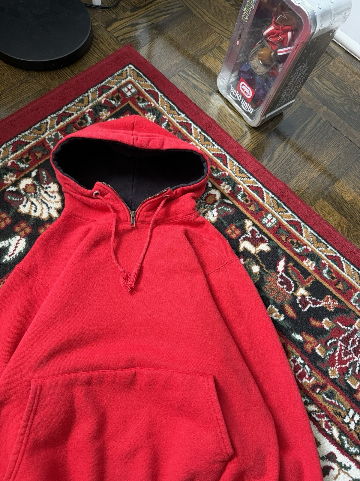 Vintage Champion Hoodie Small  80s 1/5 Zip Activewear Sweatshirt Red