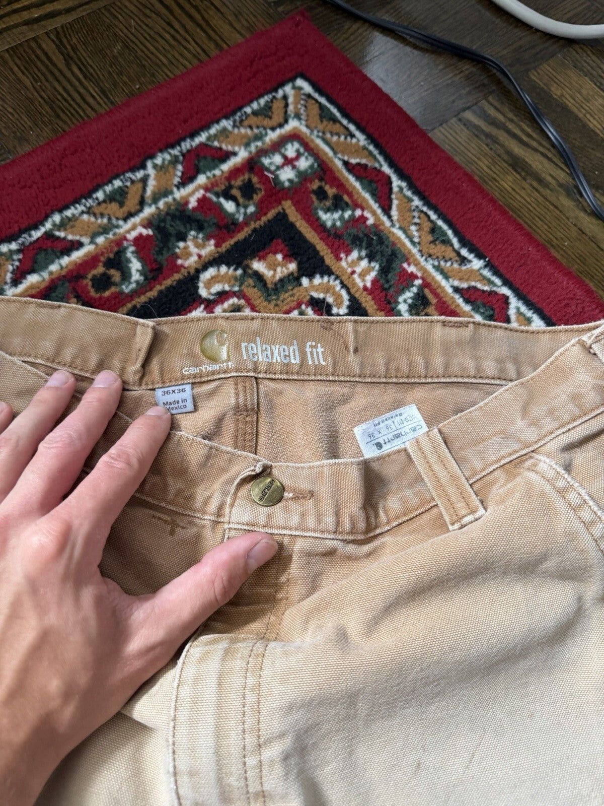 Carhartt Relaxed Fit Single Knee Pants Beige Thrashed Faded Size 36/36 Y2K