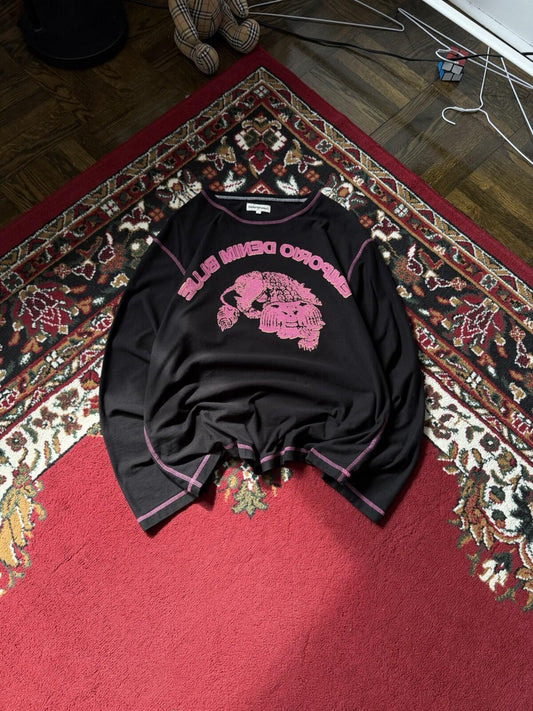 Y2K Emporio Armani Denim Blue Graphic Longsleeve Tee Black Pink Logo