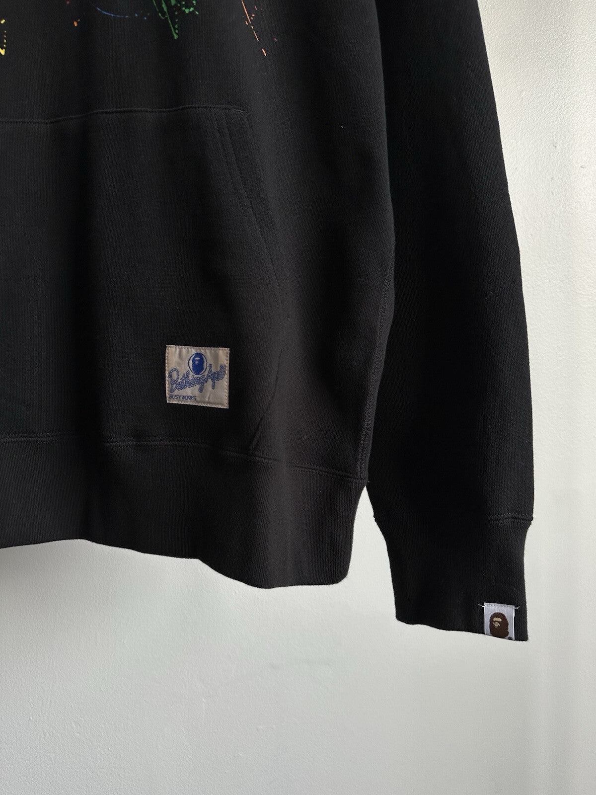 A BATHING APE BAPE PAINT SPLATTER PULLOVER HOODIE BLACK MULTICOLOR SZ L