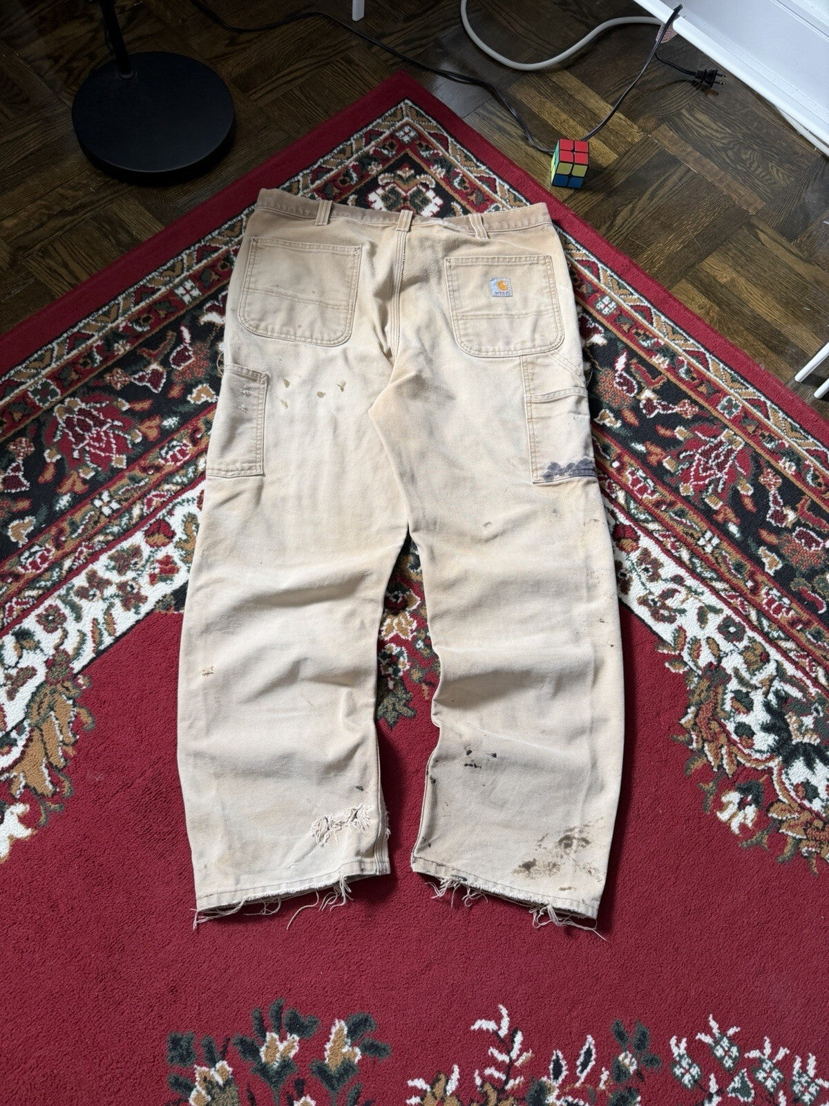 Carhartt Relaxed Fit Single Knee Pants Beige Thrashed Faded Size 36/36 Y2K