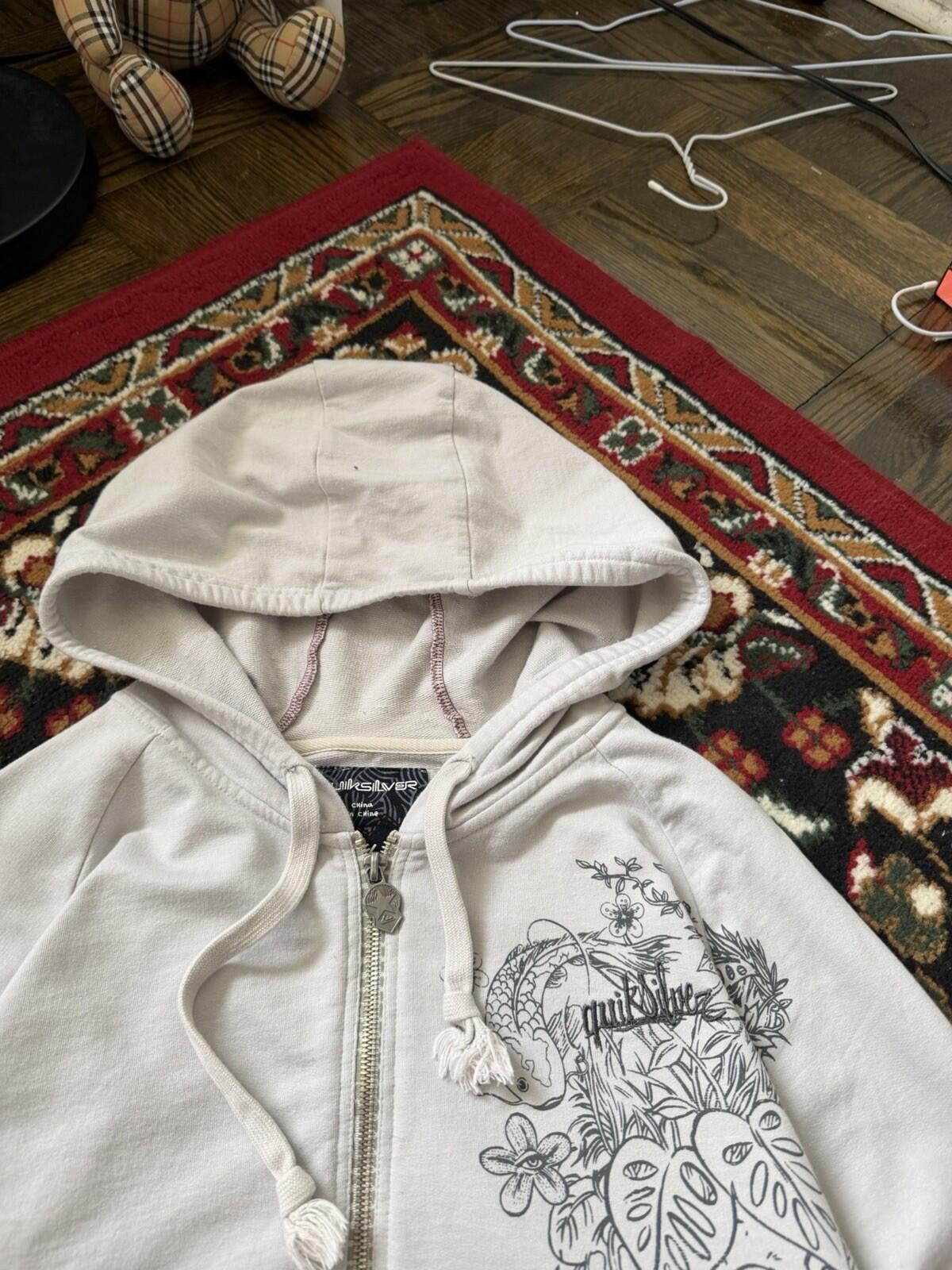 Vintage Quiksilver Skull/Koi Fish Surf Y2K White Hoodie Size Large Rare