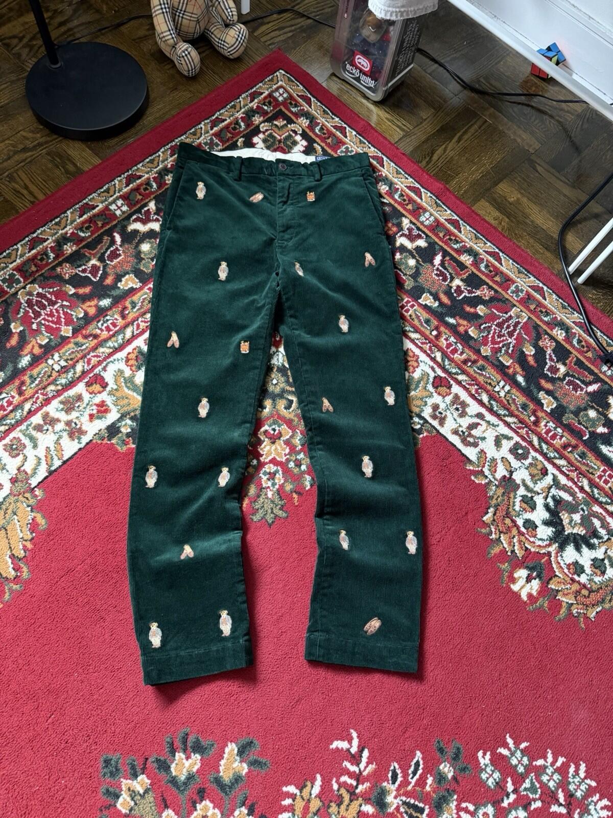 Polo Ralph Lauren Bear Slim Green Corduroy Embroidered Pants Size 30/30