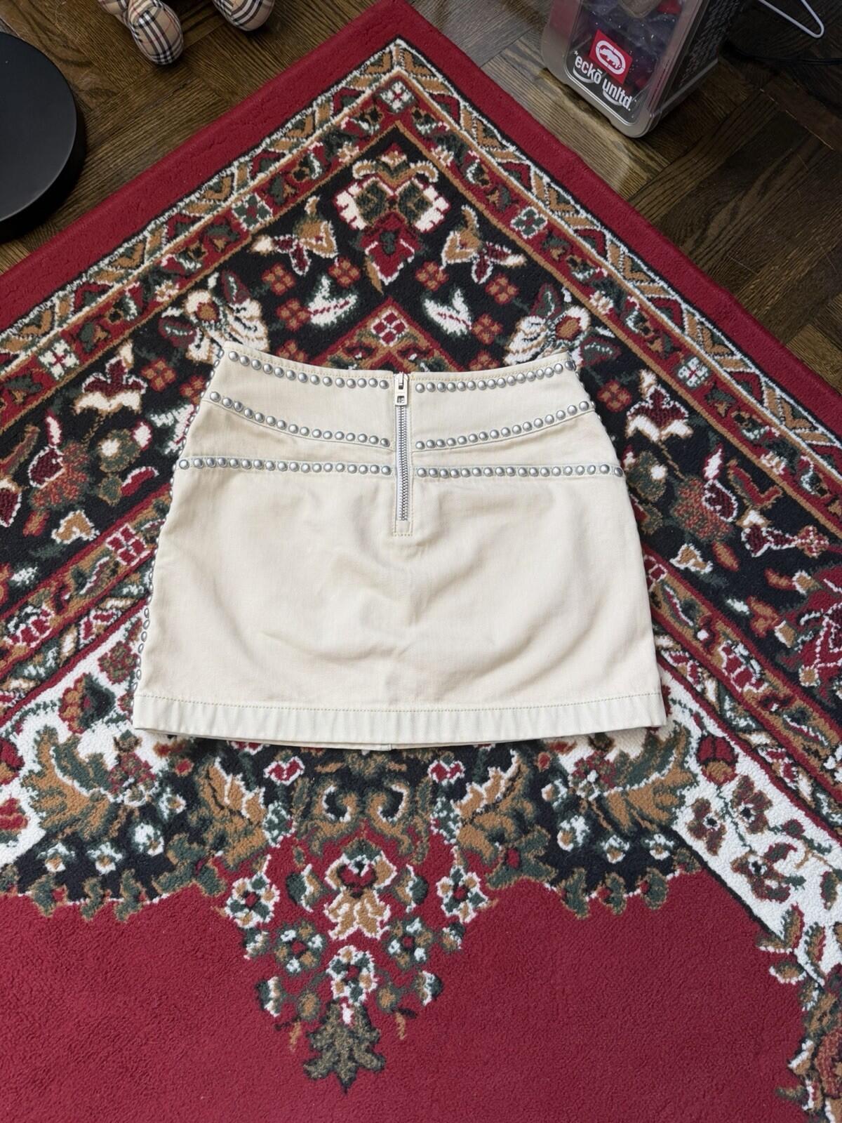 Coach Bleached Denim Mini Skirt Tan White Studded Rivets Pockets Size 0