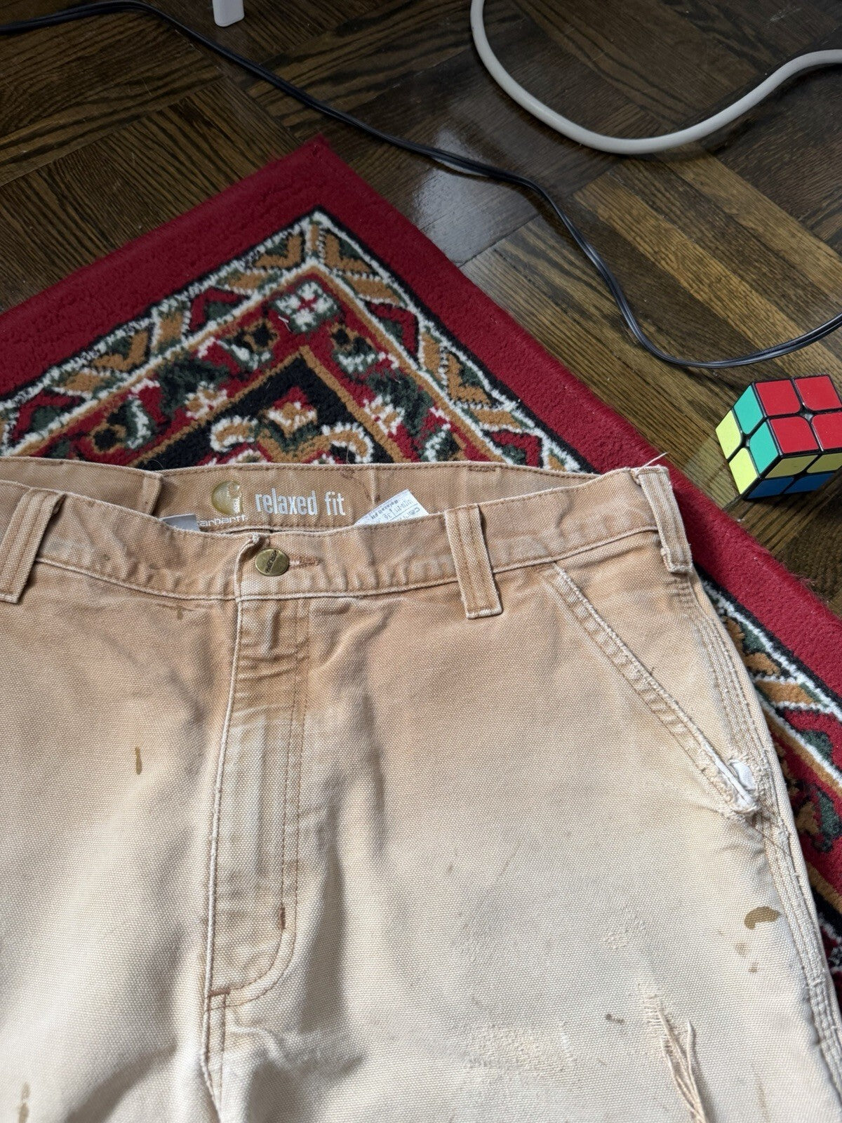 Carhartt Relaxed Fit Single Knee Pants Beige Thrashed Faded Size 36/36 Y2K