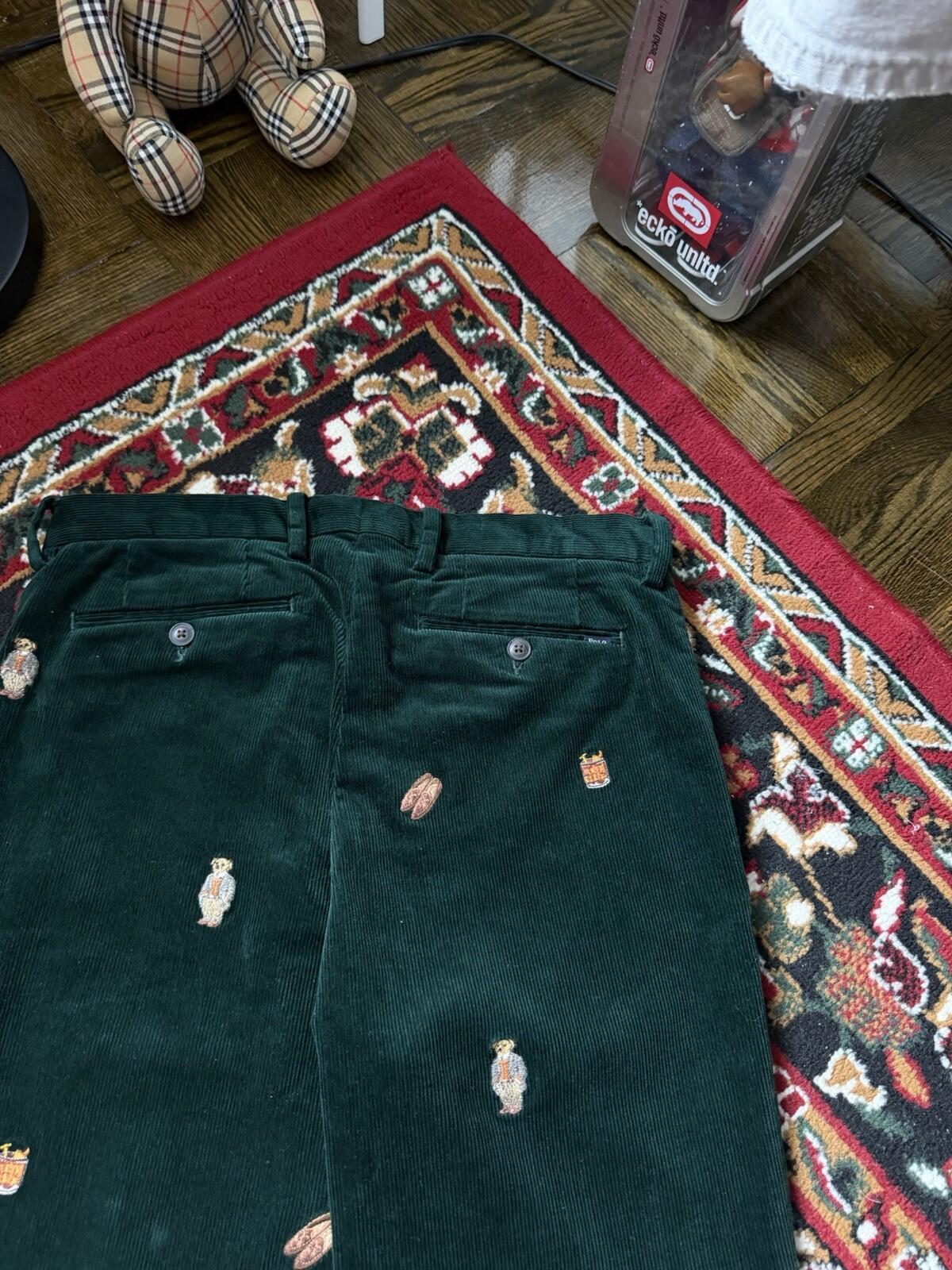 Polo Ralph Lauren Bear Slim Green Corduroy Embroidered Pants Size 30/30