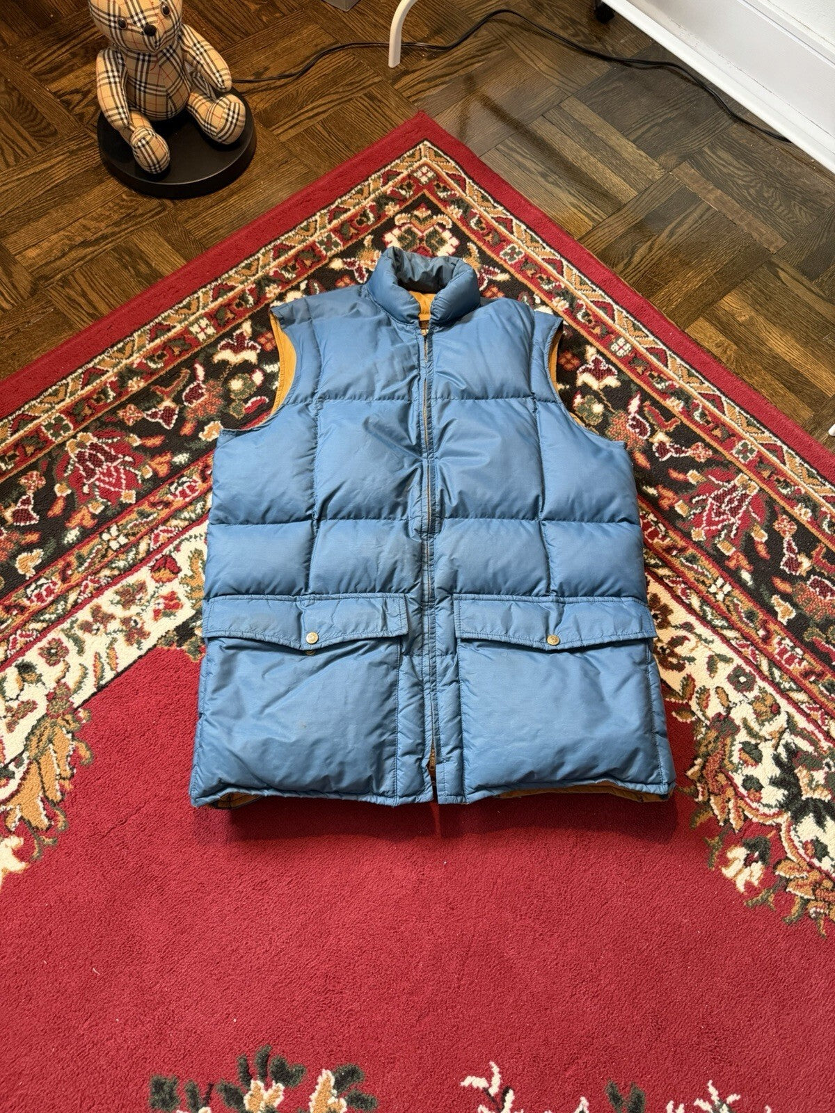 VTG 70s Eddie Bauer Goose Down Puffer Vest Blue Quilted Talon Zip Tan USA M