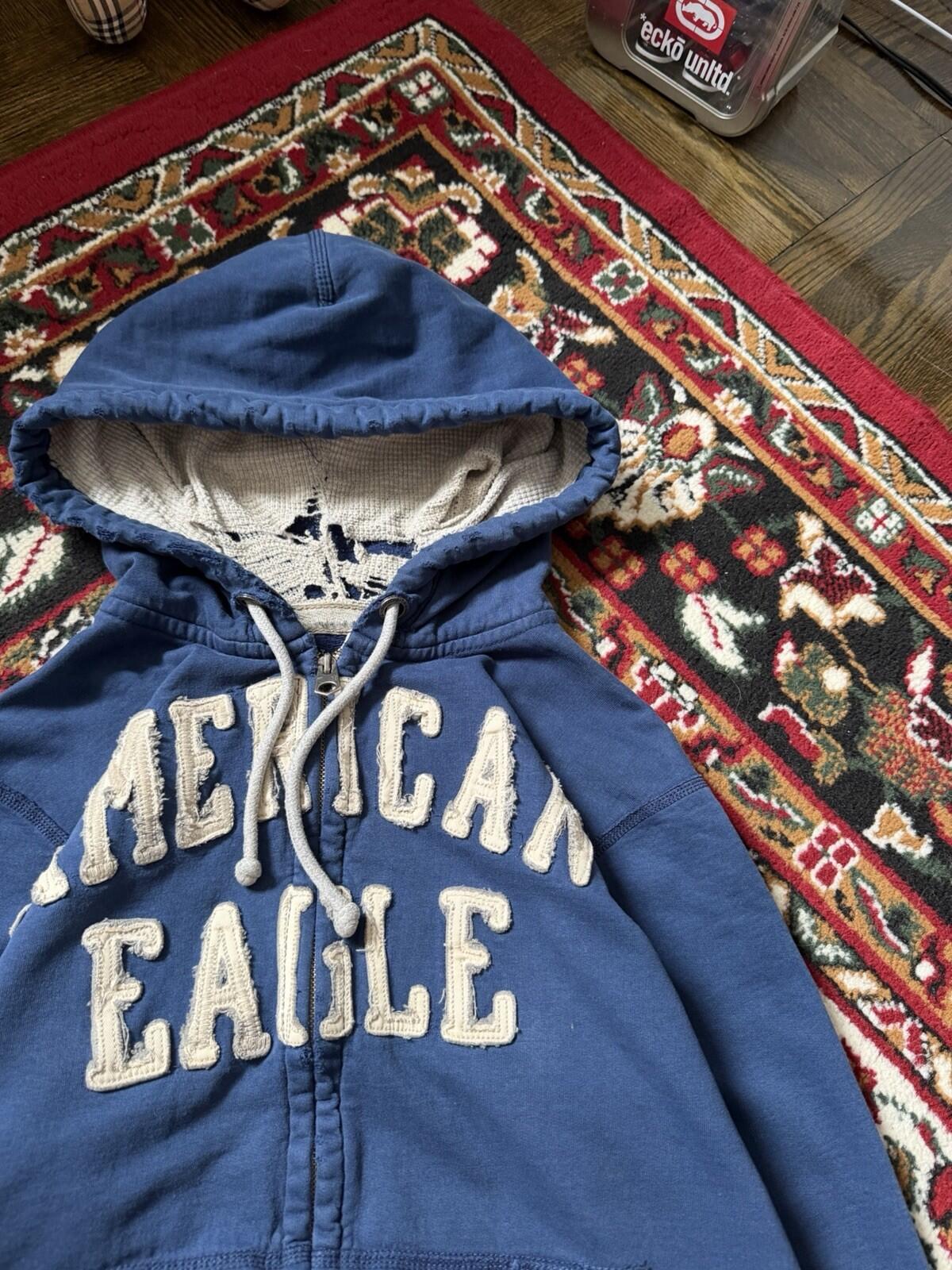Vintage Y2K American Eagle Zip Hoodie Thermal Hood Distressed Mens Small Grunge