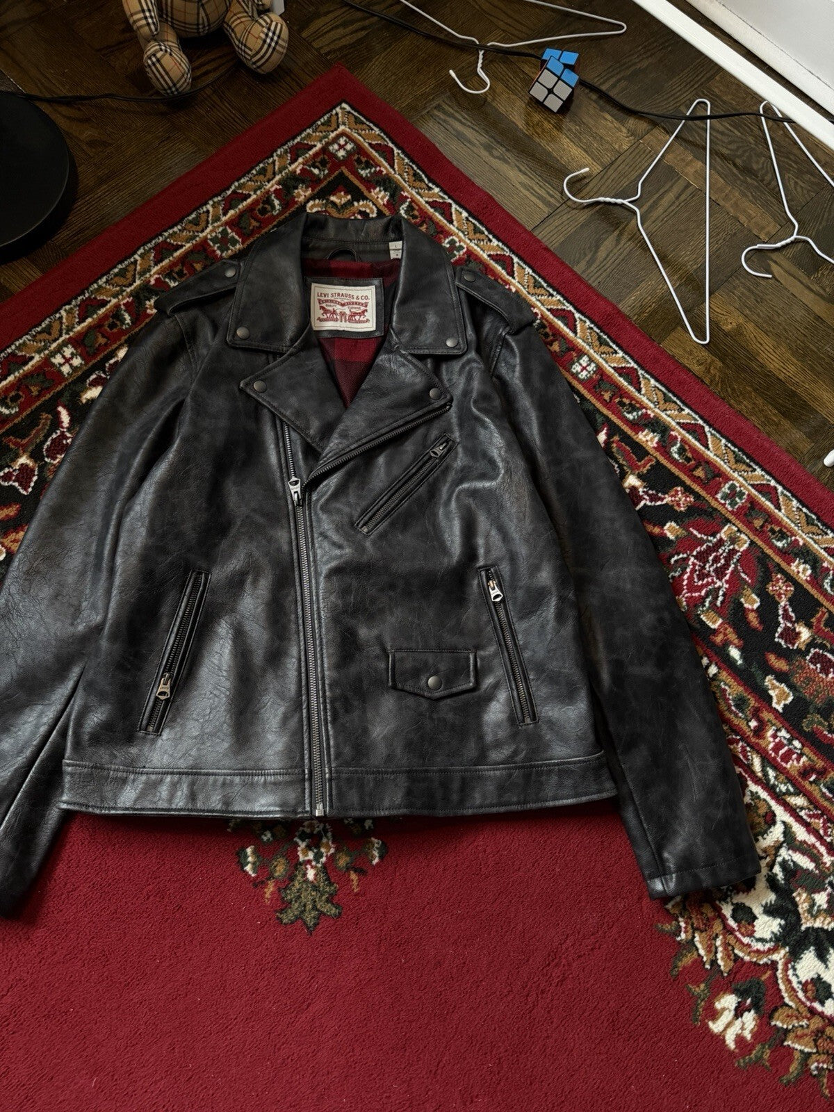 Levi’s Black Faux Leather Moto Jacket Men’s Large Biker USA Buffalo Plaid Lining