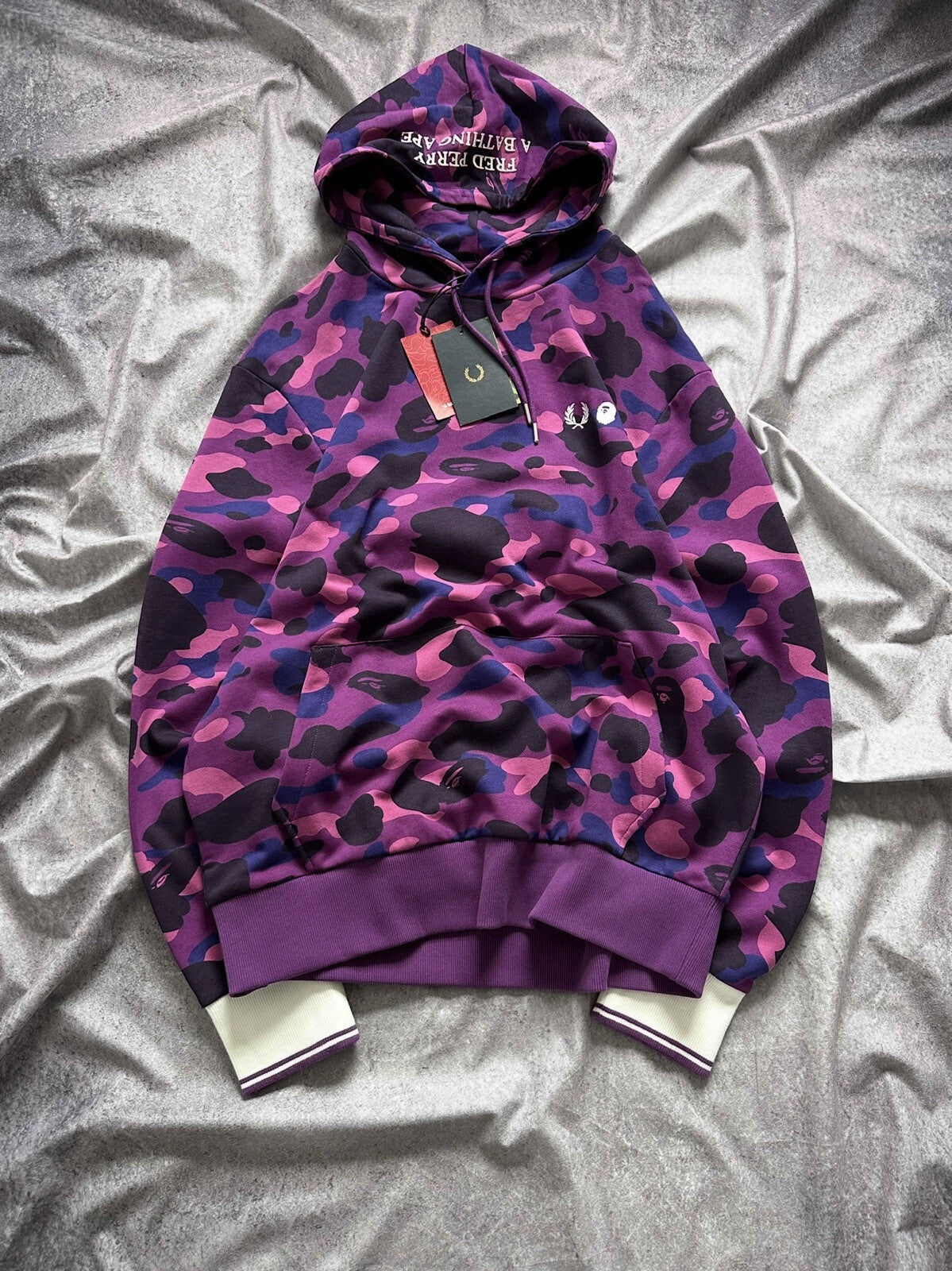 NWT Bape A Bathing Ape X  Fred Perry Purple Color Camo Pullover Hoodie Size XL