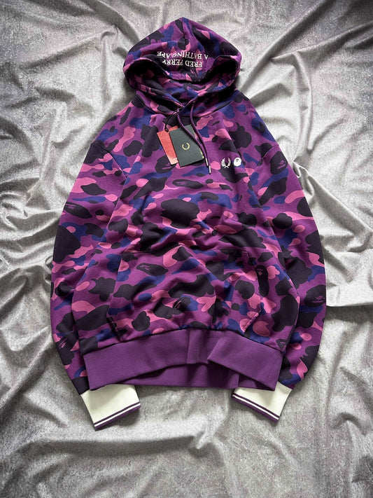 NWT Bape A Bathing Ape X  Fred Perry Purple Color Camo Pullover Hoodie Size XL