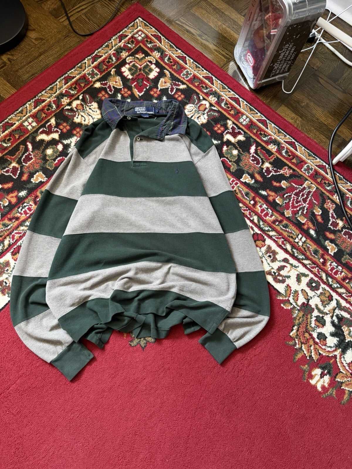 Vintage Polo Ralph Lauren Men Striped Rugby Polo Long Sleeve Green (Sz L)
