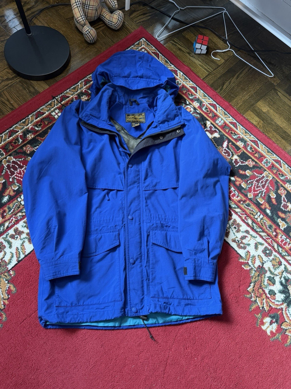 Vintage Eddie Bauer Jacket Mens Medium Purple Teal Gore-Tex Hooded Rain Coat 90s